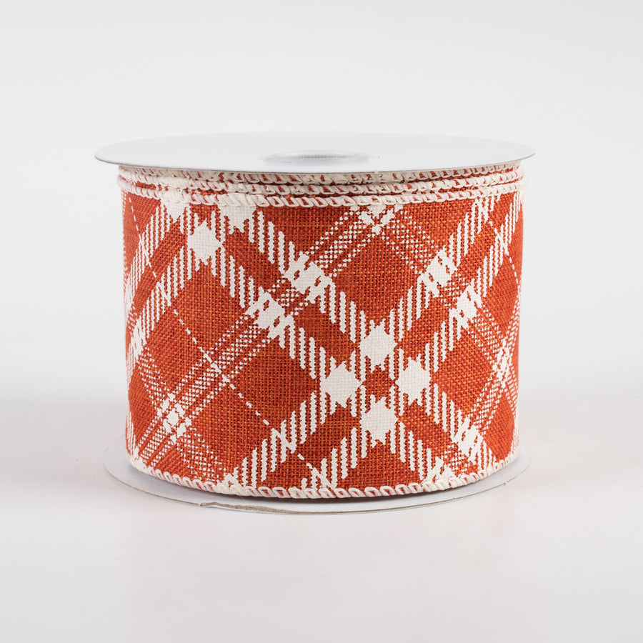 2.5" Linen Hazel Diagonal Plaid Ribbon: Orange (10 Yards)