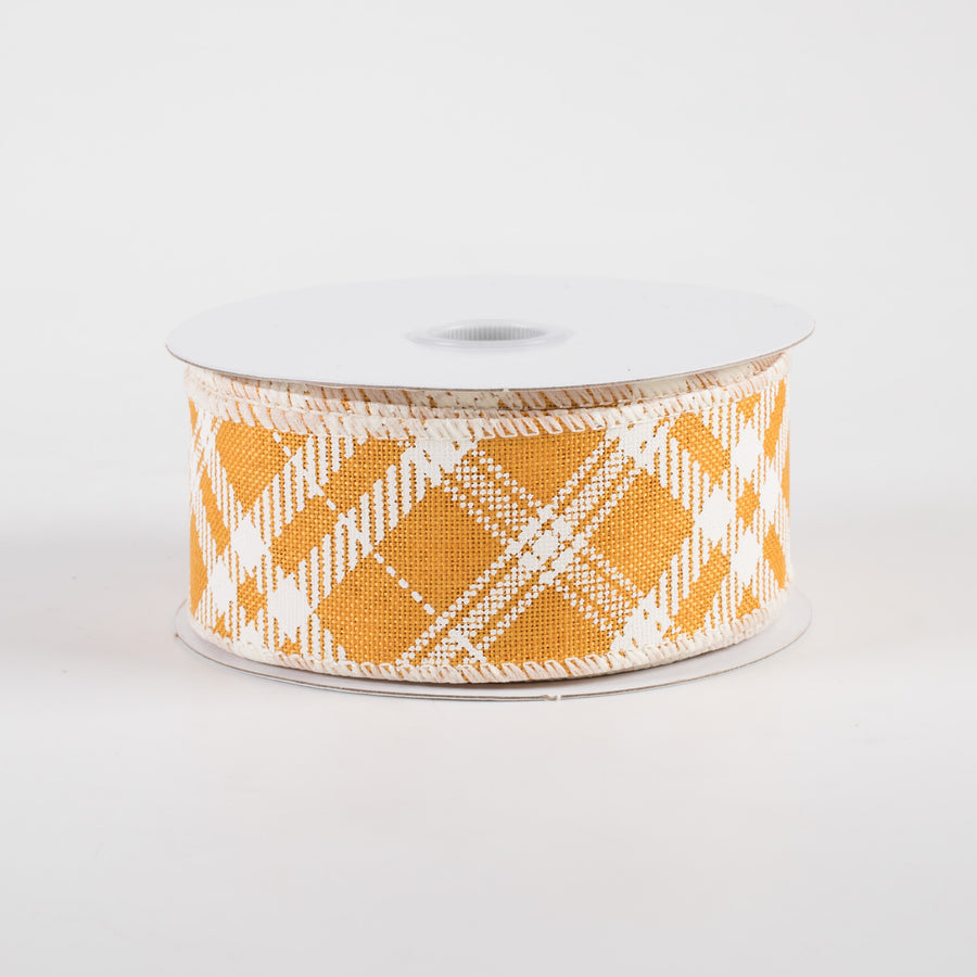 1.5" Linen Hazel Diagonal Plaid Ribbon: Sunflower Yellow (10 Yards)