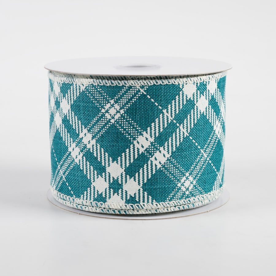 2.5" Linen Hazel Diagonal Plaid Ribbon: Teal Blue (10 Yards)