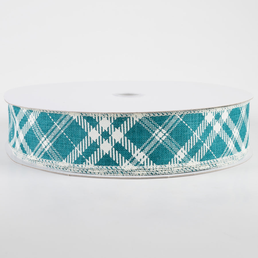 1.5" Linen Hazel Diagonal Plaid Ribbon: Teal Blue (50 Yards)