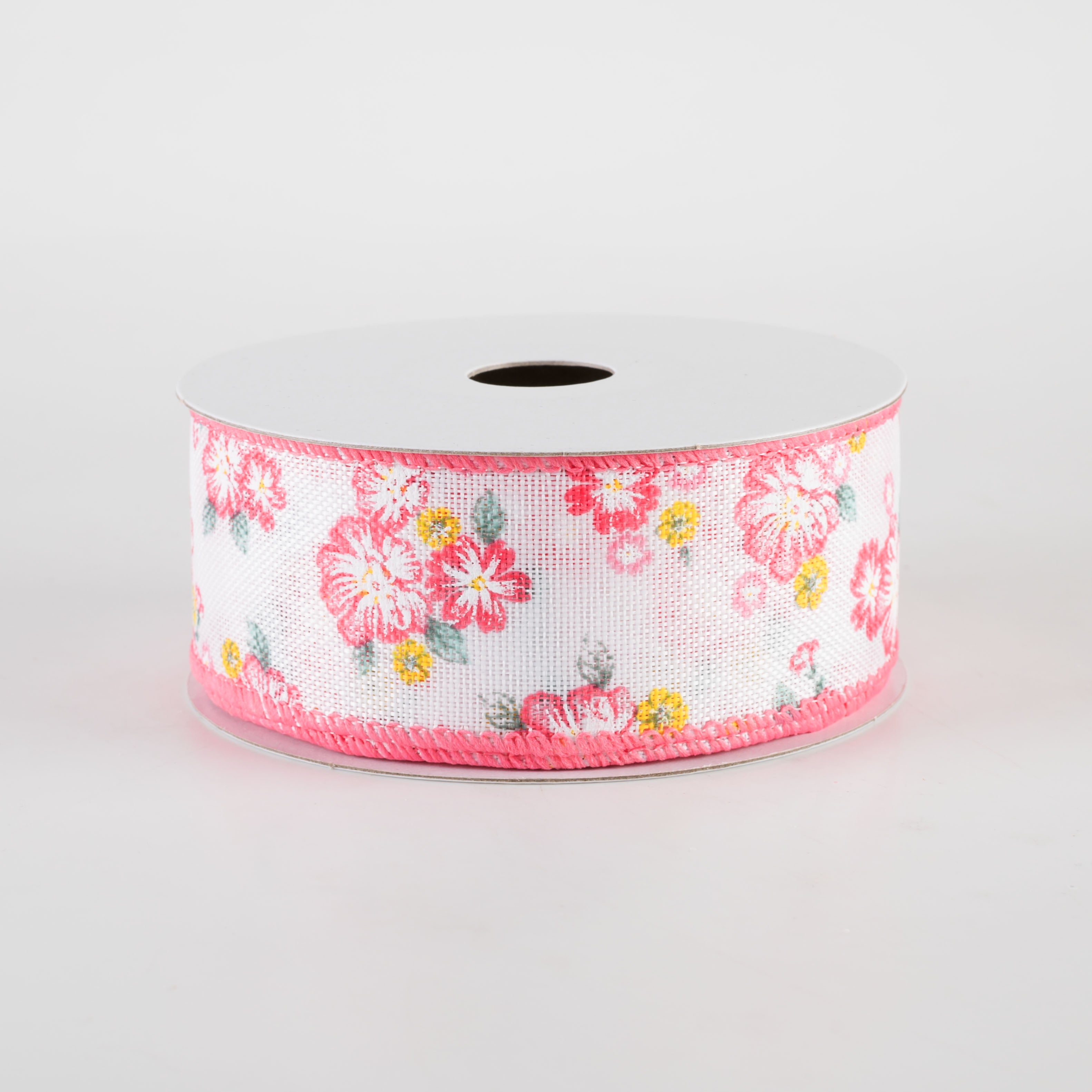 1.5" Linen Hibiscus & Leaves Ribbon: Coral & Sage (10 Yards) Item Number: 42408-09-34
