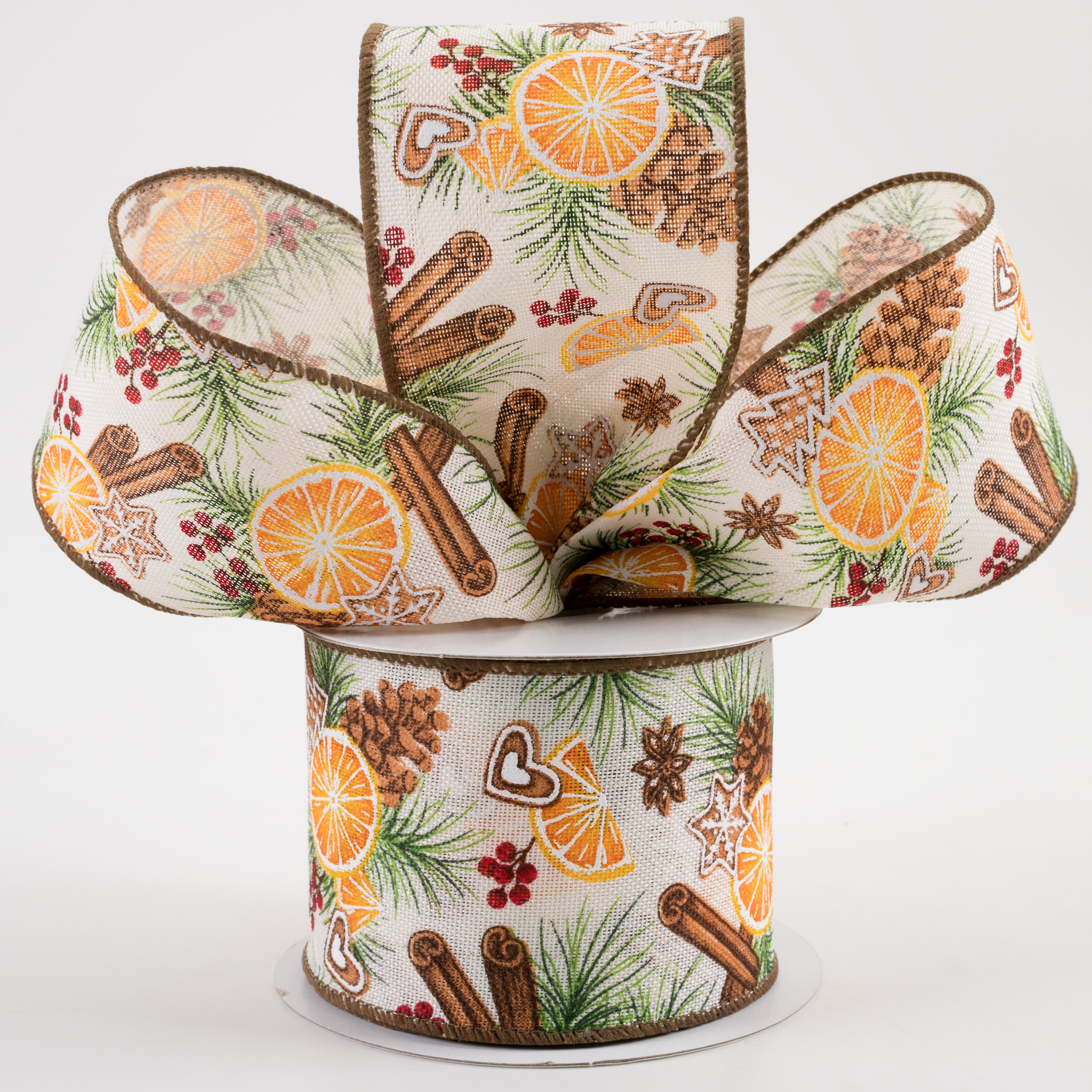 2.5" Linen Holly, Dried Orange, Cinnamon Ribbon (10 Yards) Lifestyle Photo
