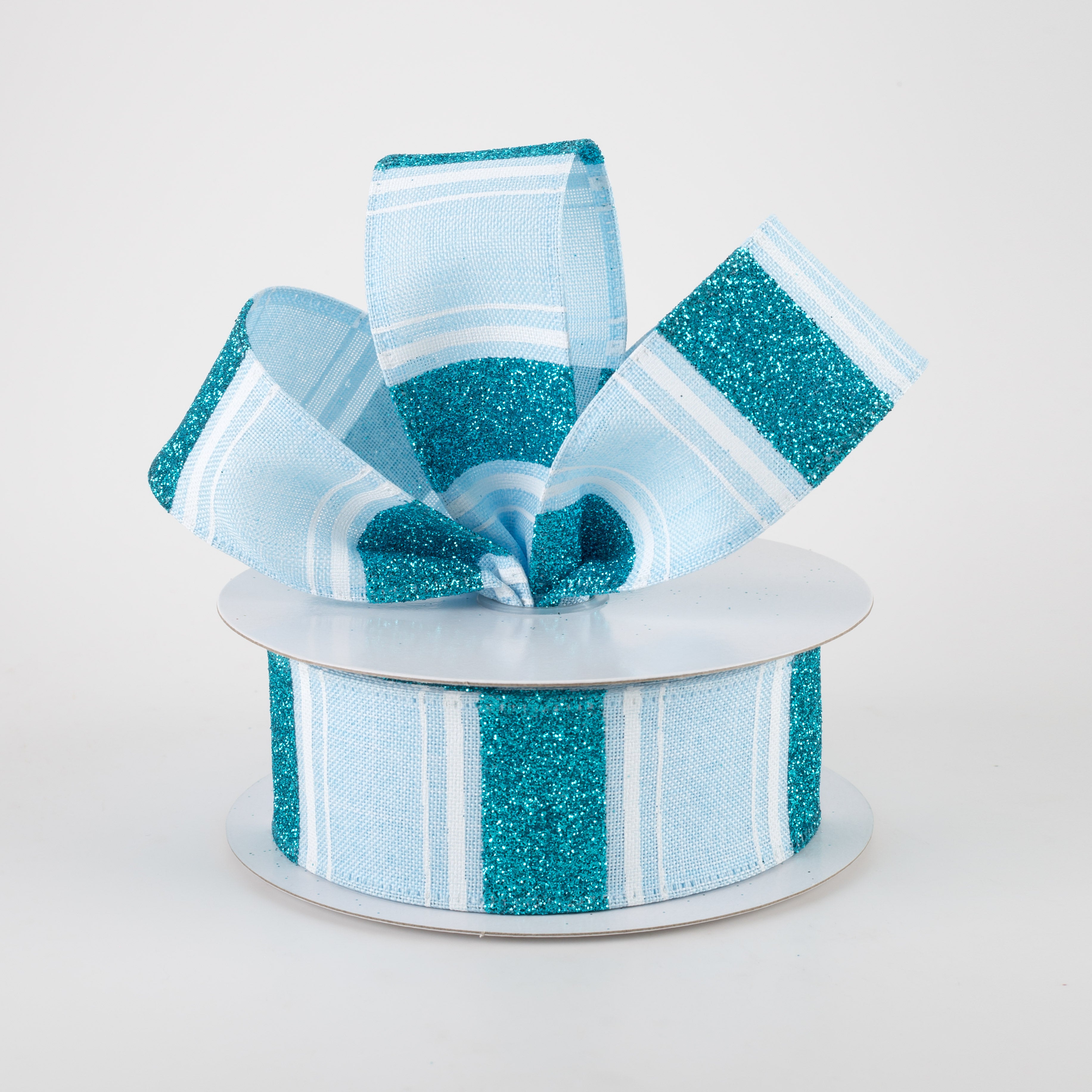 1.5" Linen Horizontal Stripe Ribbon: Blue, Light Blue, White (10 Yards) Lifestyle Photo