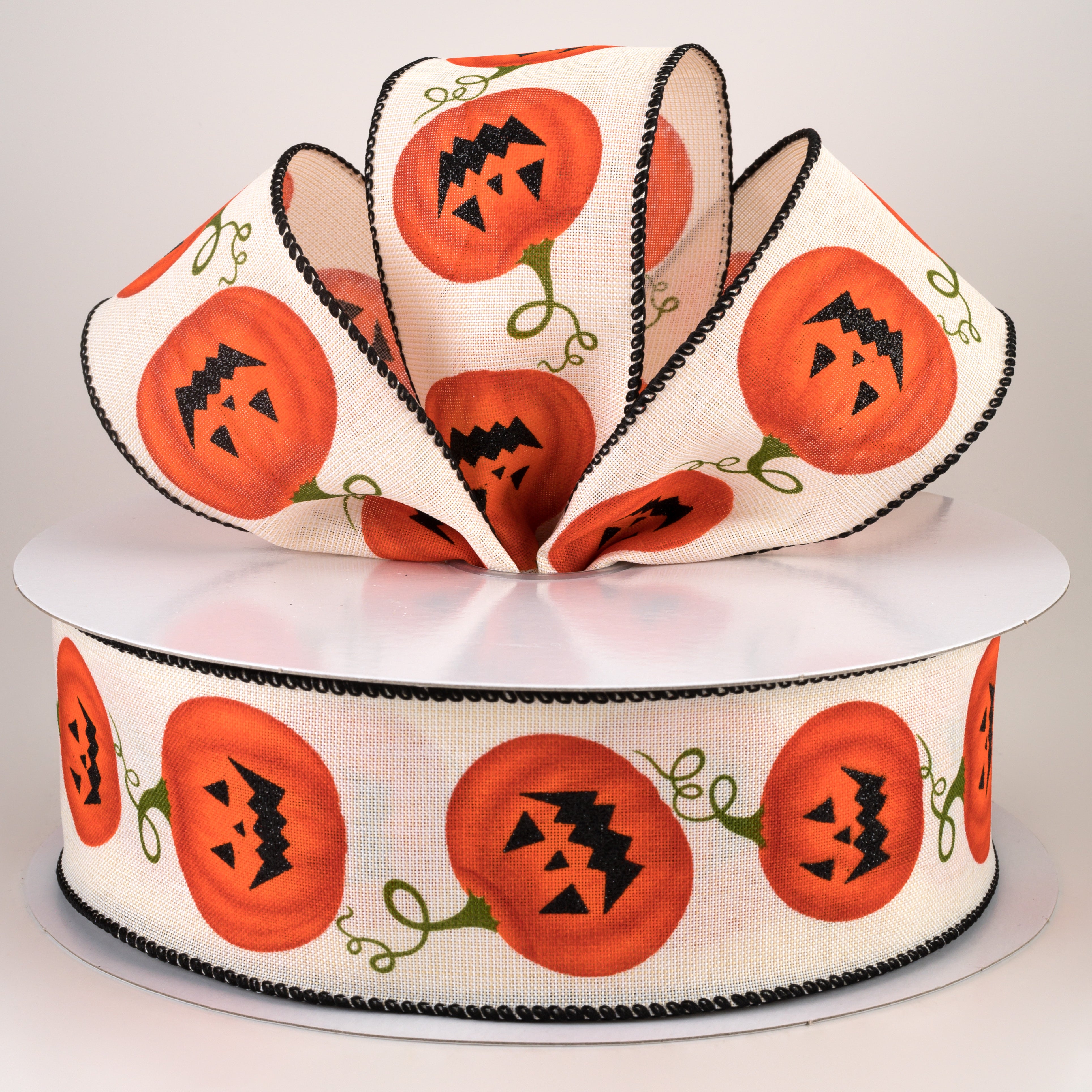 2.5" Linen Jack-O-Lanterns Ribbon: Ivory (50 Yards) Lifestyle Photo