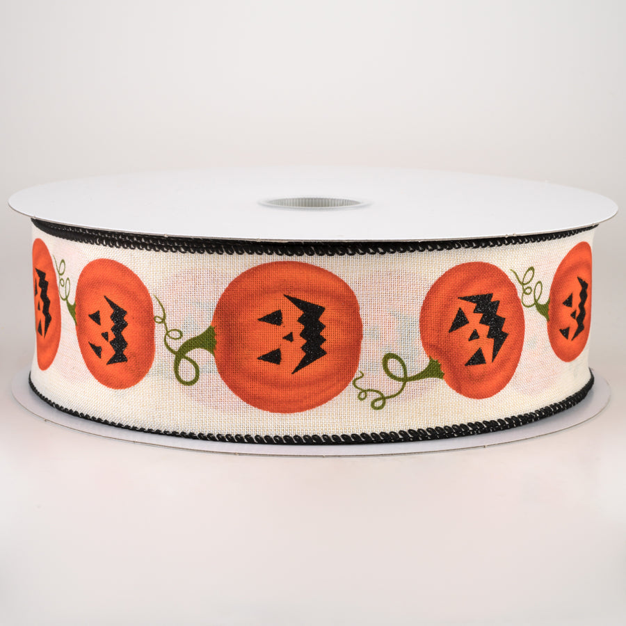 2.5" Linen Jack-O-Lanterns Ribbon: Ivory (50 Yards)