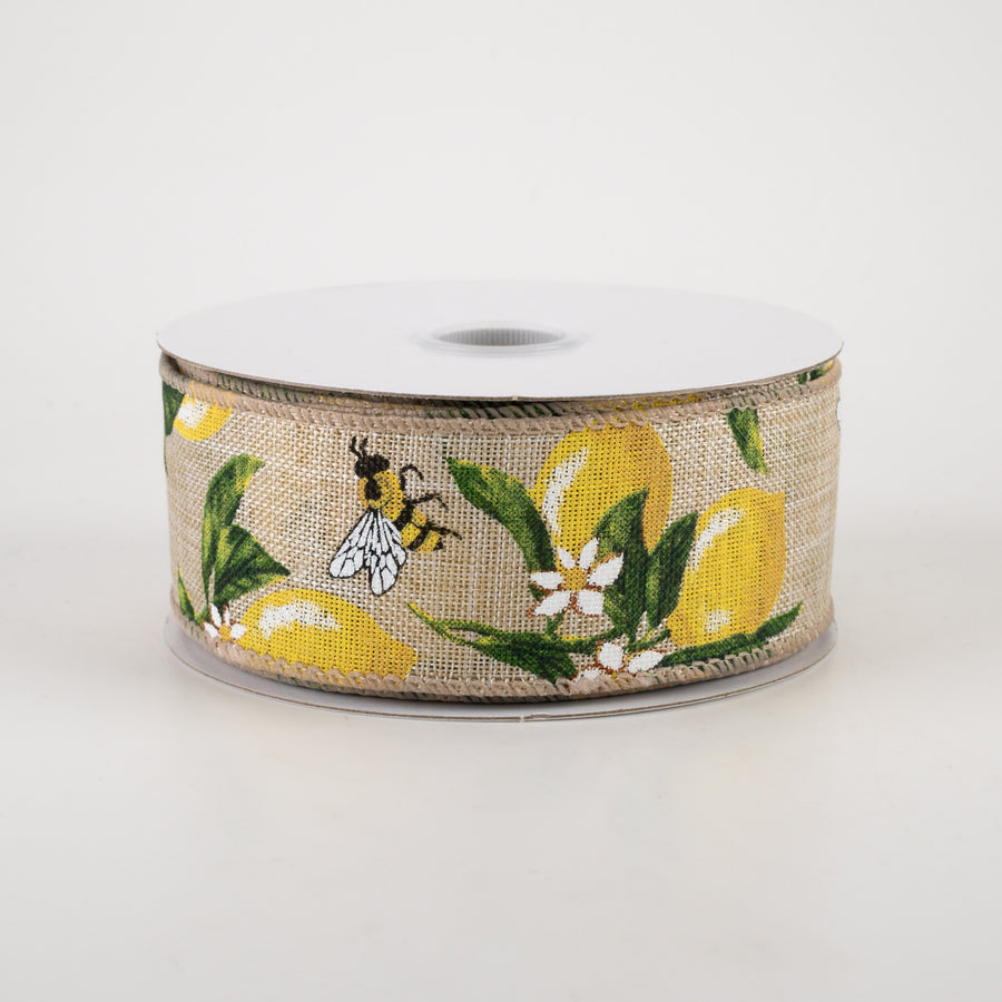 1.5" Linen Lemons & Bees Ribbon: Natural (10 Yards)
