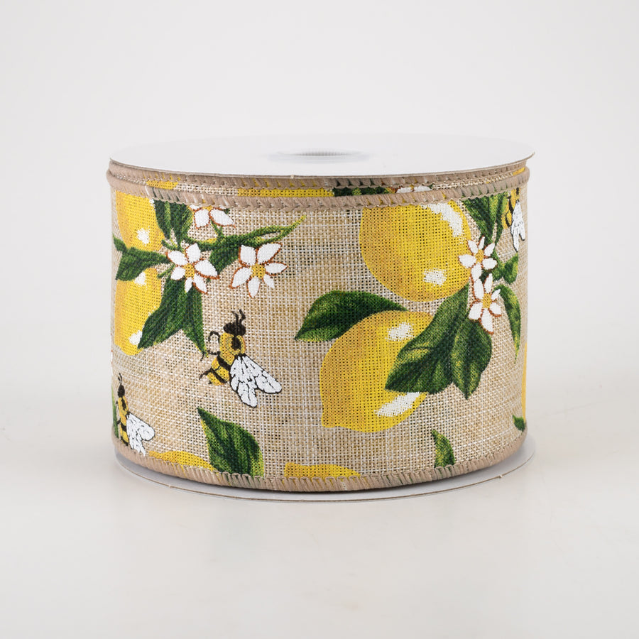 2.5" Linen Lemons & Bees Ribbon: Natural (10 Yards)