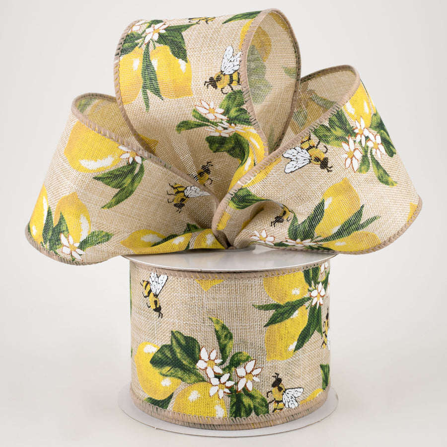 2.5" Linen Lemons & Bees Ribbon: Natural (10 Yards) Lifestyle Photo