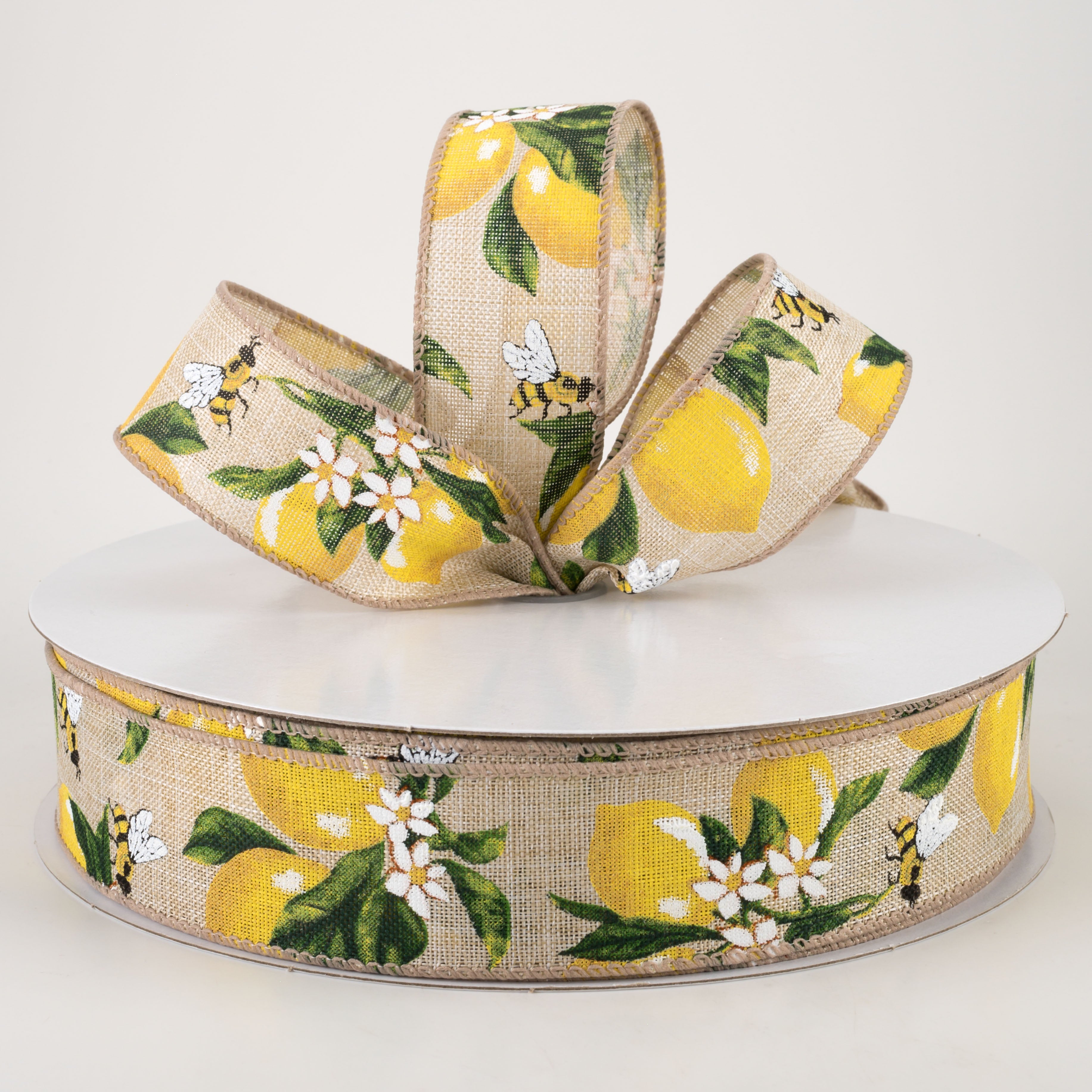 1.5" Linen Lemons & Bees Ribbon: Natural (50 Yards) Lifestyle Photo