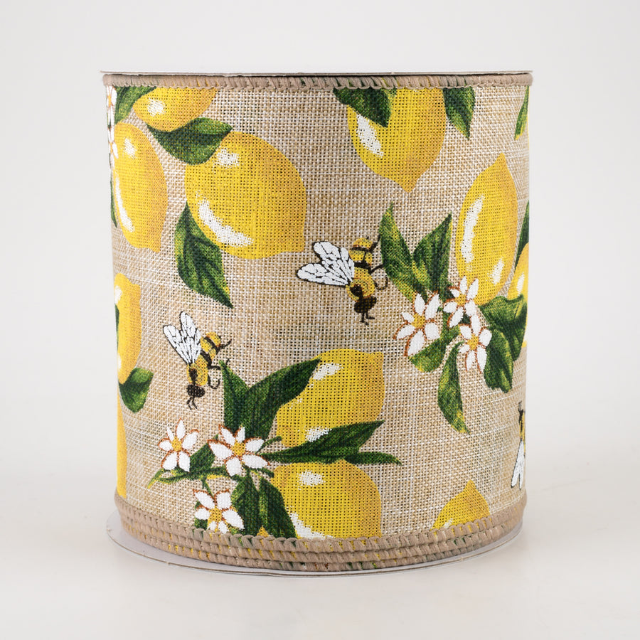 4" Linen Lemons & Bees Ribbon: Natural (10 Yards)