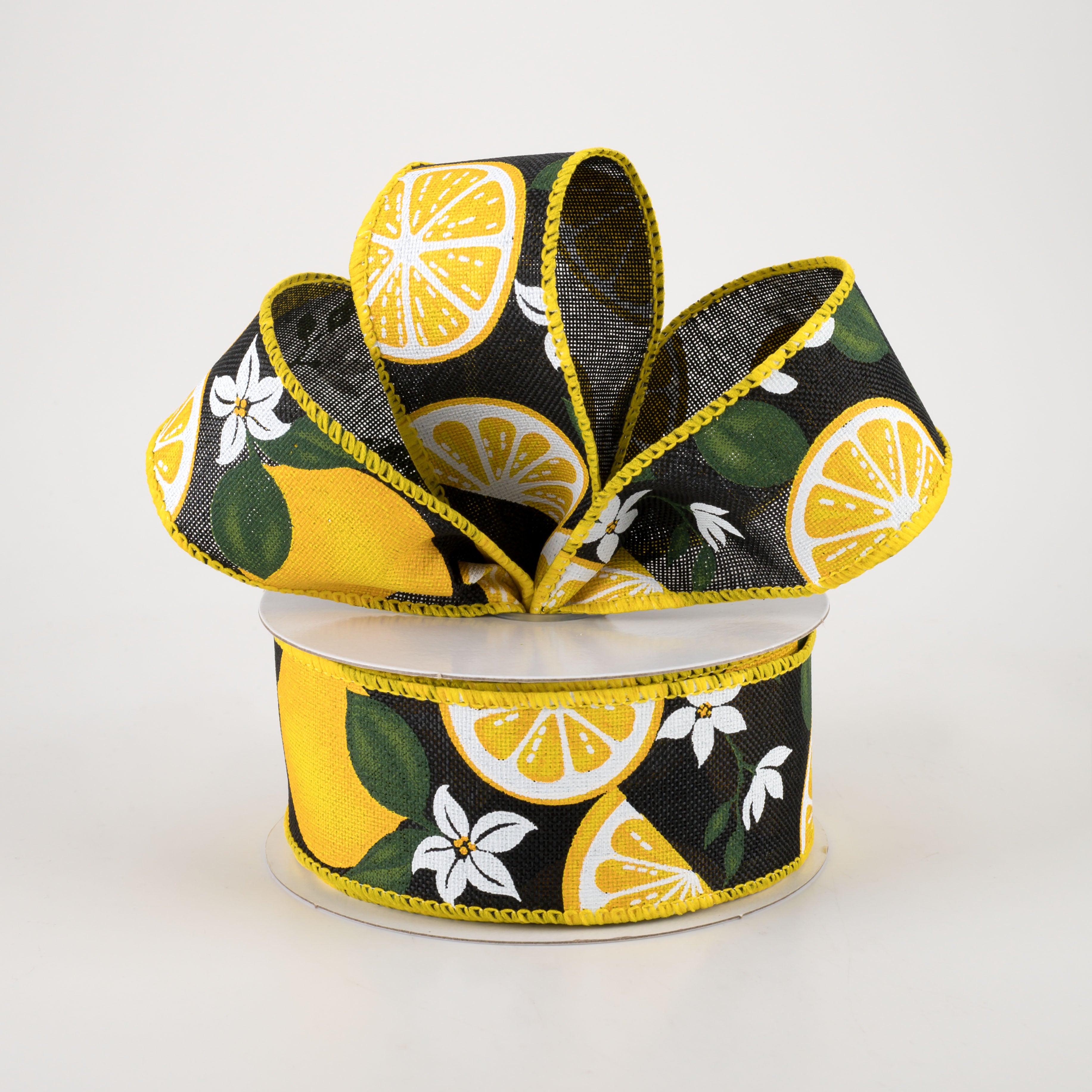 1.5" Linen Lemons & Flowers Ribbon: Black (10 Yards) Lifestyle Photo