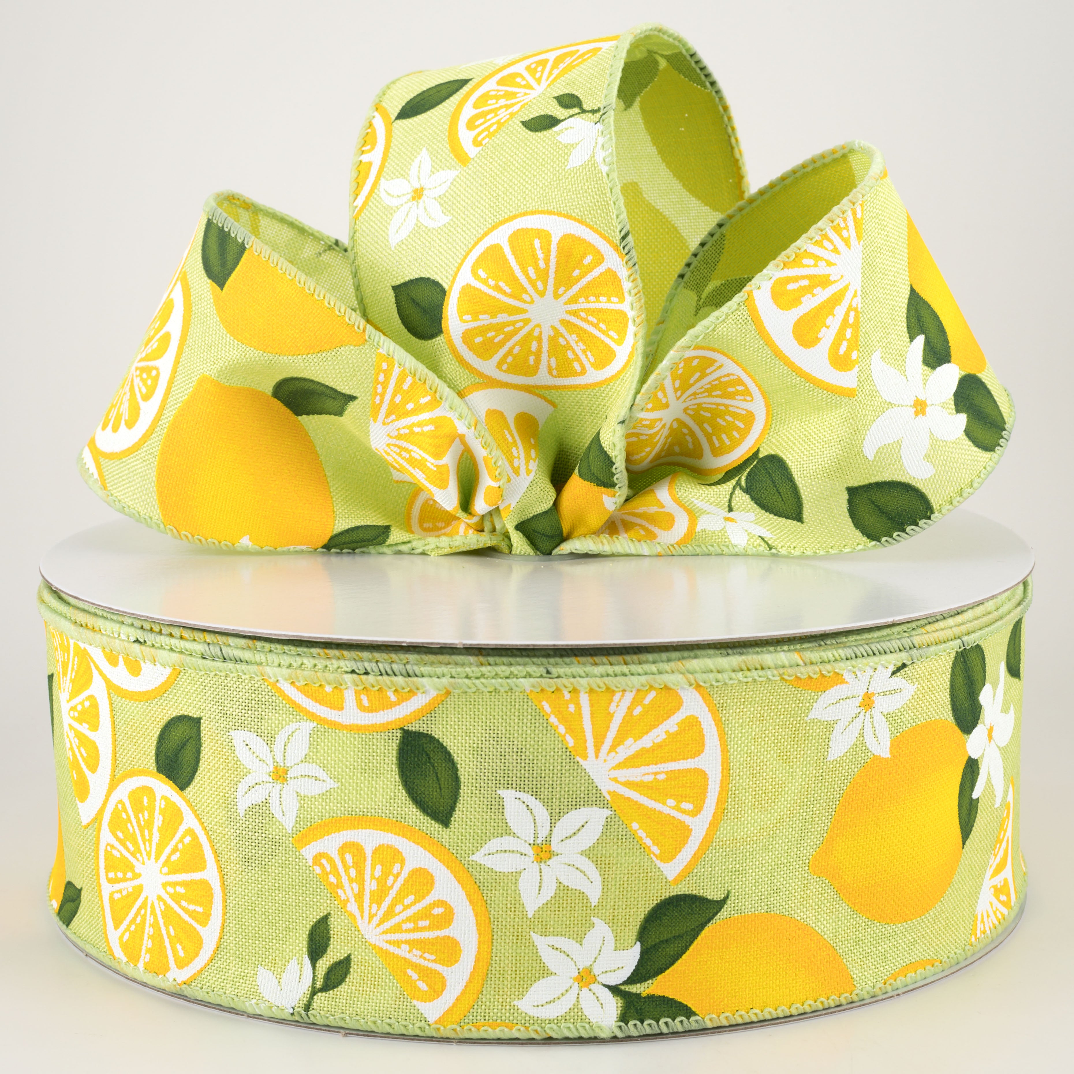 2.5" Linen Lemons & Flowers Ribbon: Lime Green (50 Yards) Lifestyle Photo