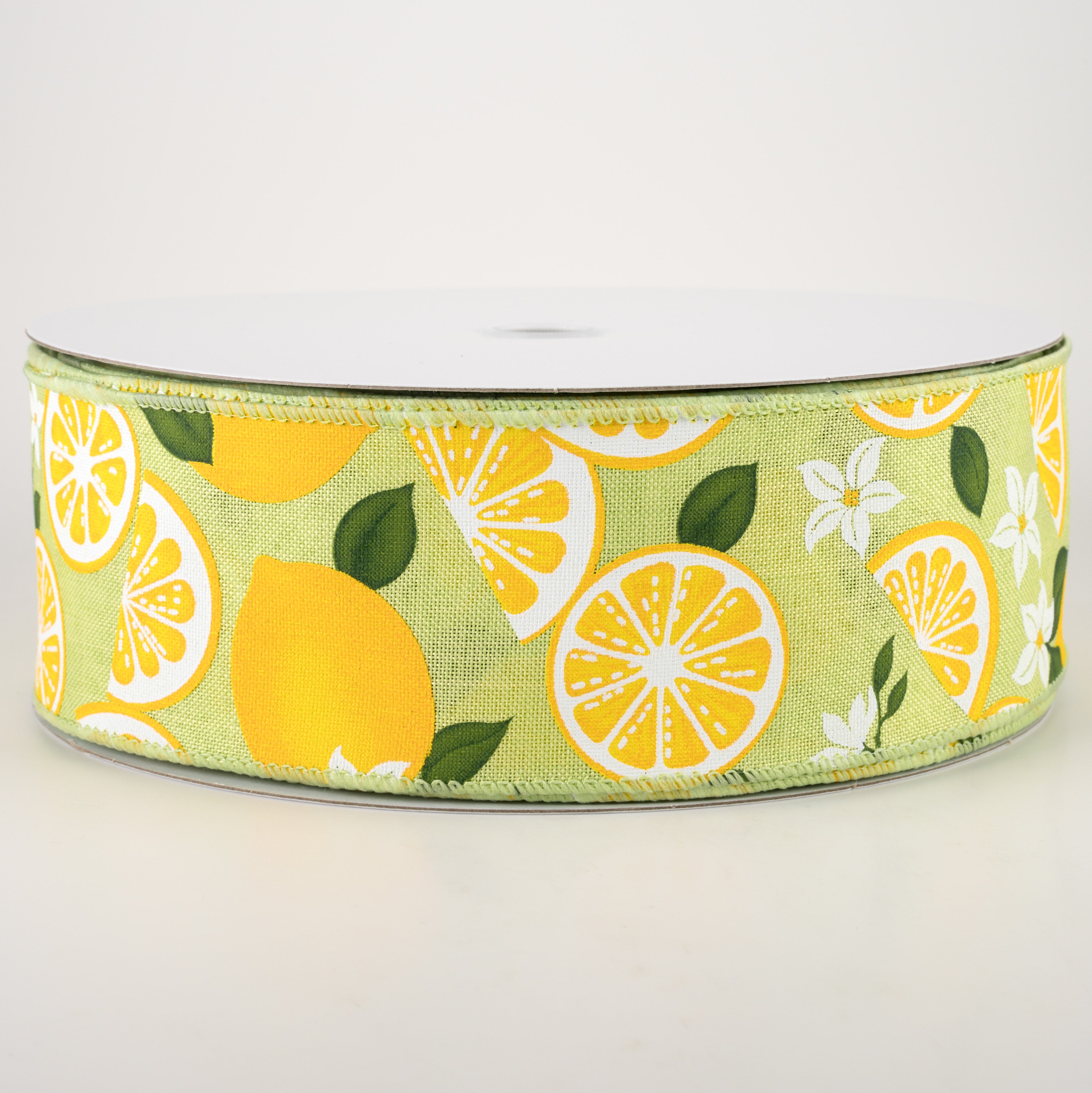 2.5" Linen Lemons & Flowers Ribbon: Lime Green (50 Yards)