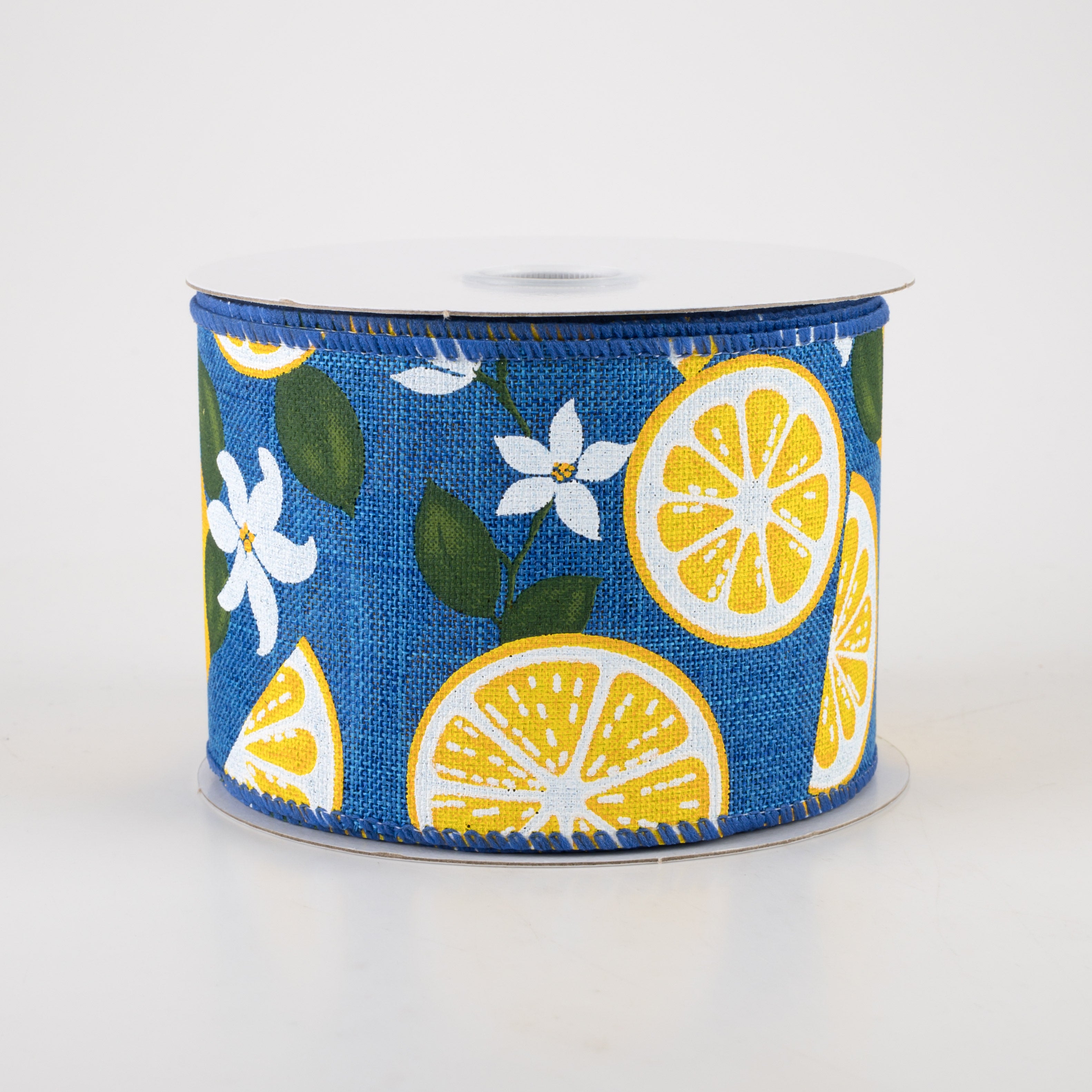 2.5" Linen Lemons & Flowers Ribbon: Royal Blue (10 Yards)