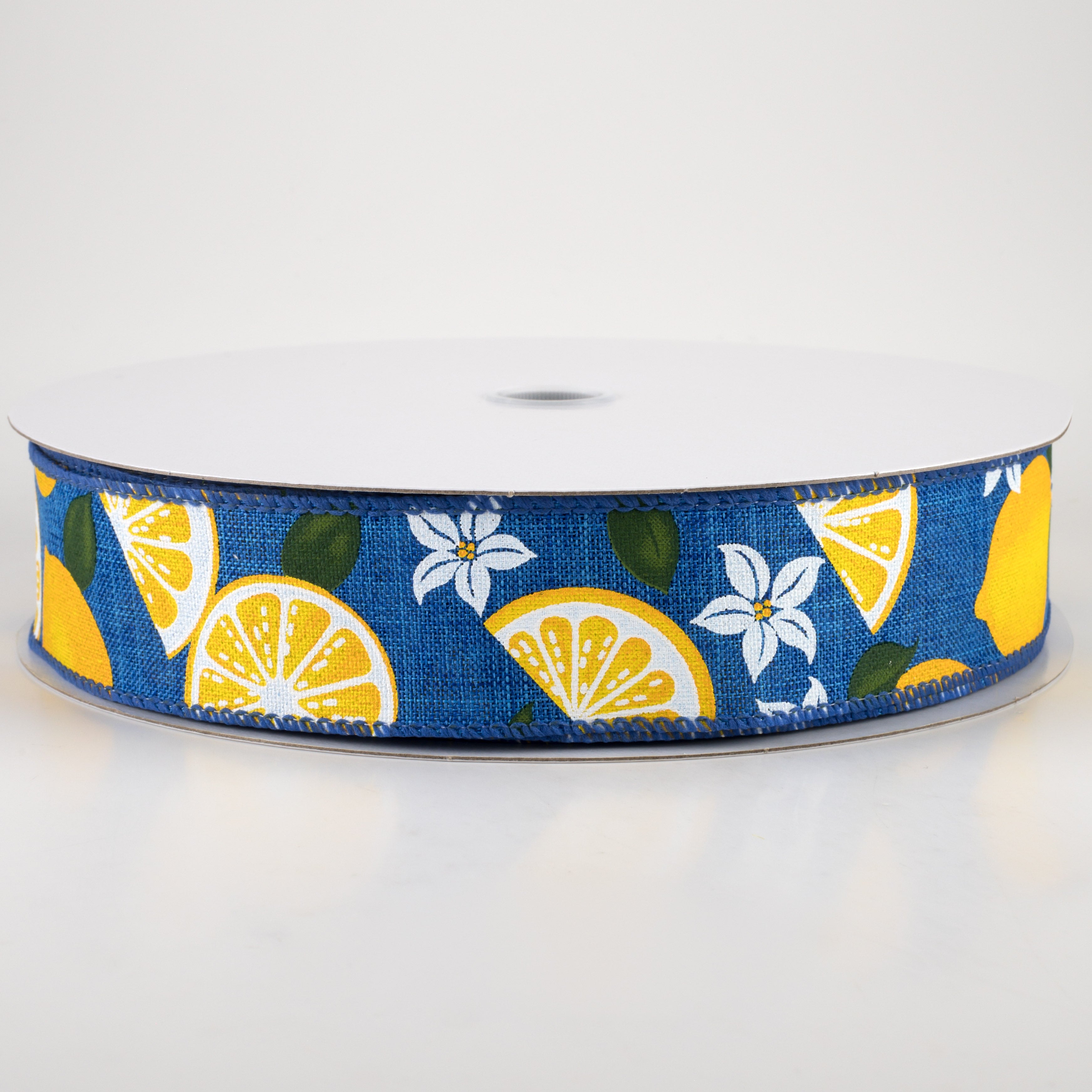 1.5" Linen Lemons & Flowers Ribbon: Royal Blue (50 Yards) Item Number: 841-09-221