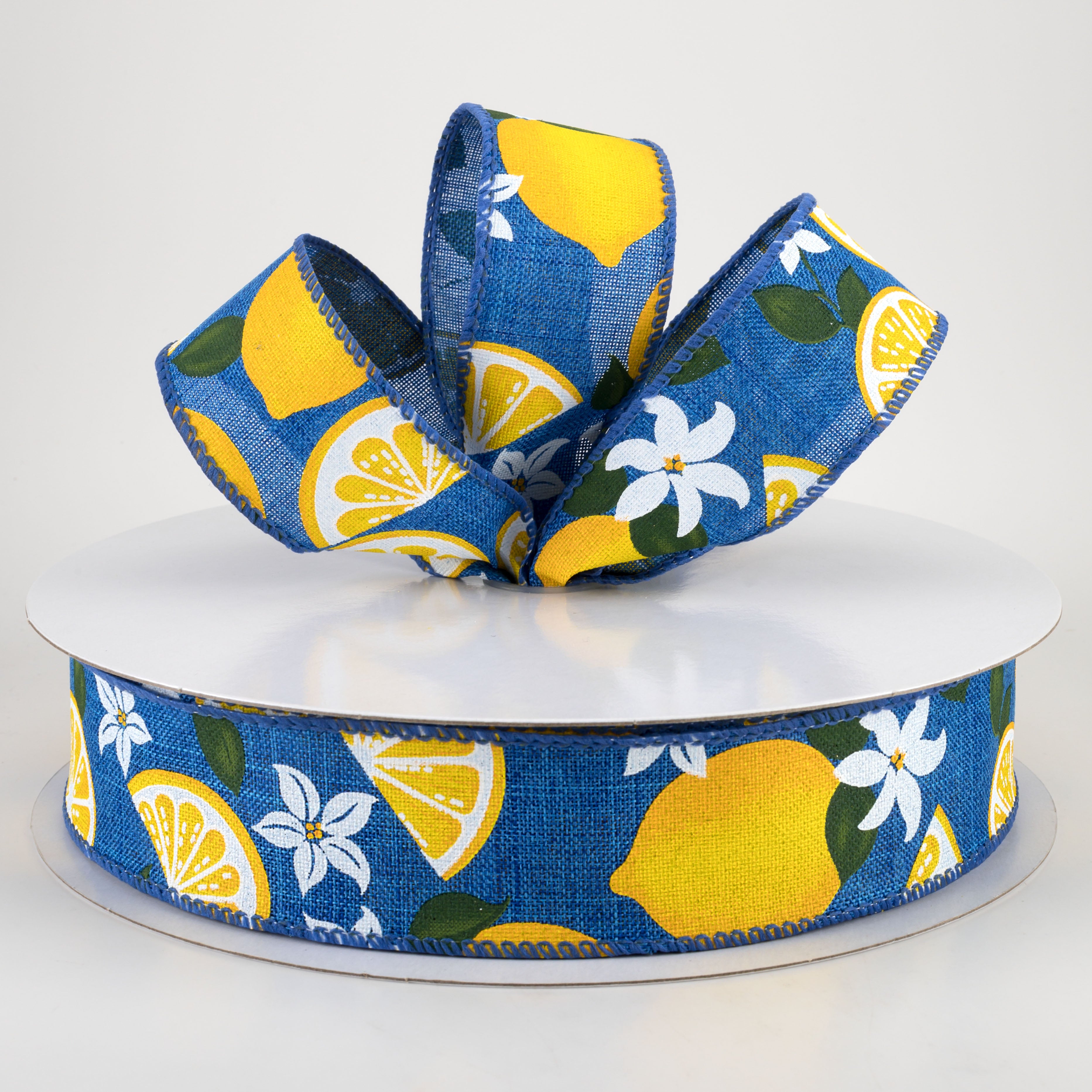 1.5" Linen Lemons & Flowers Ribbon: Royal Blue (50 Yards) Lifestyle Photo
