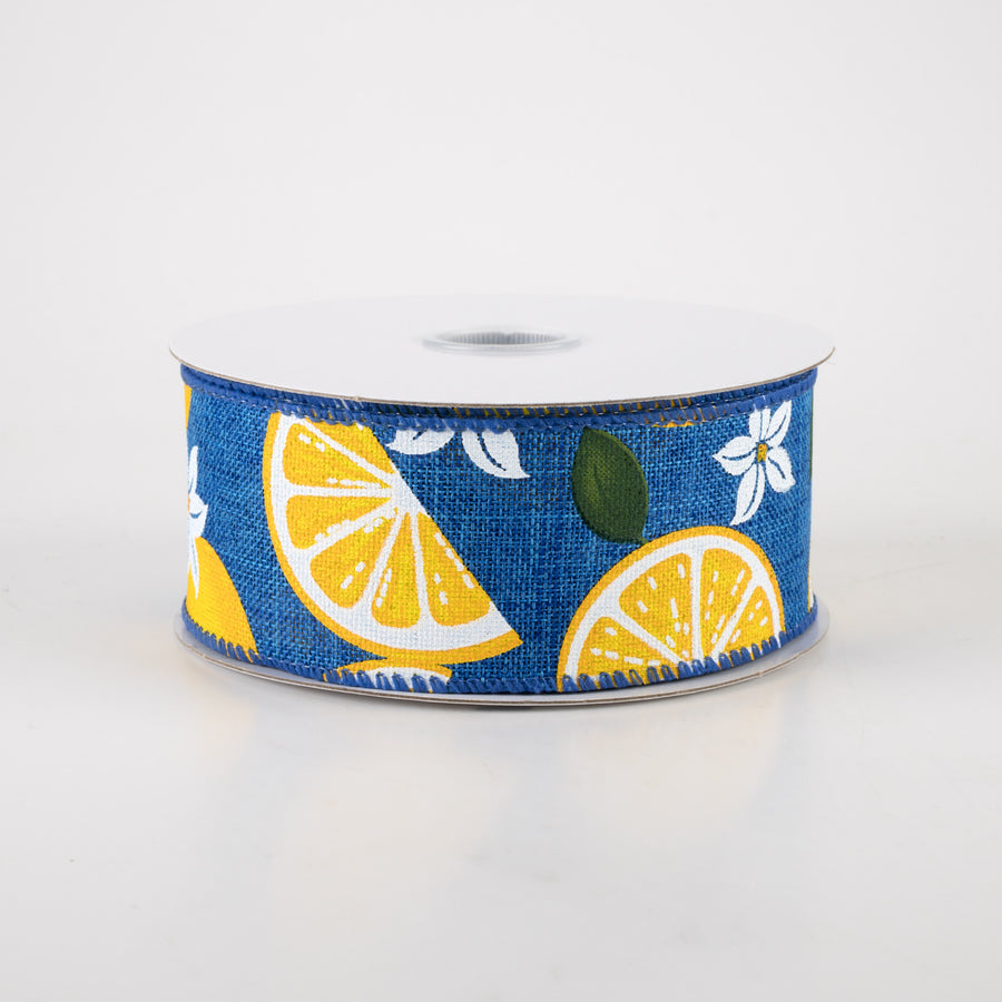 1.5" Linen Lemons & Flowers Ribbon: Royal Blue (10 Yards)