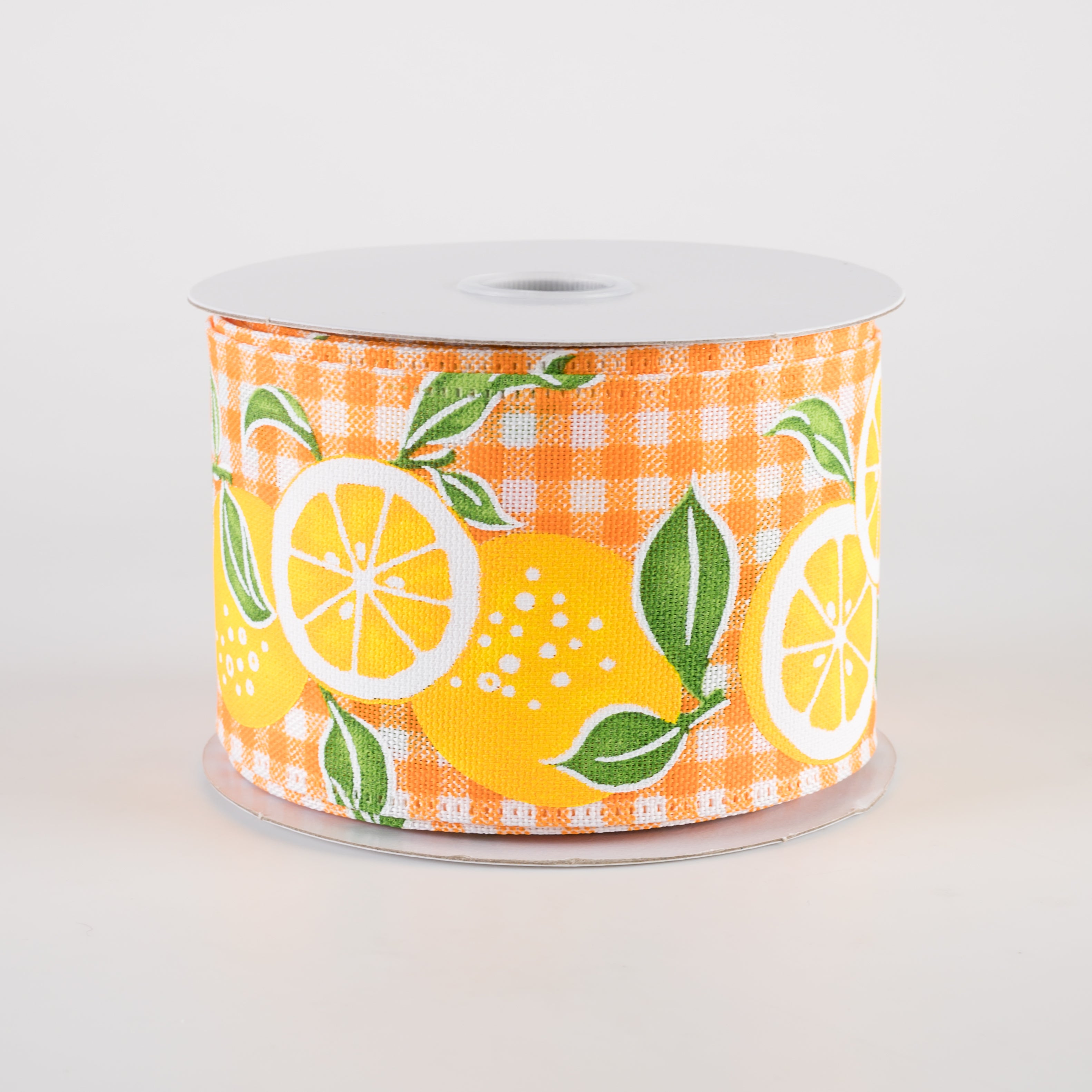 2.5" Linen Lemons Gingham Ribbon: Orange & White (10 Yards)