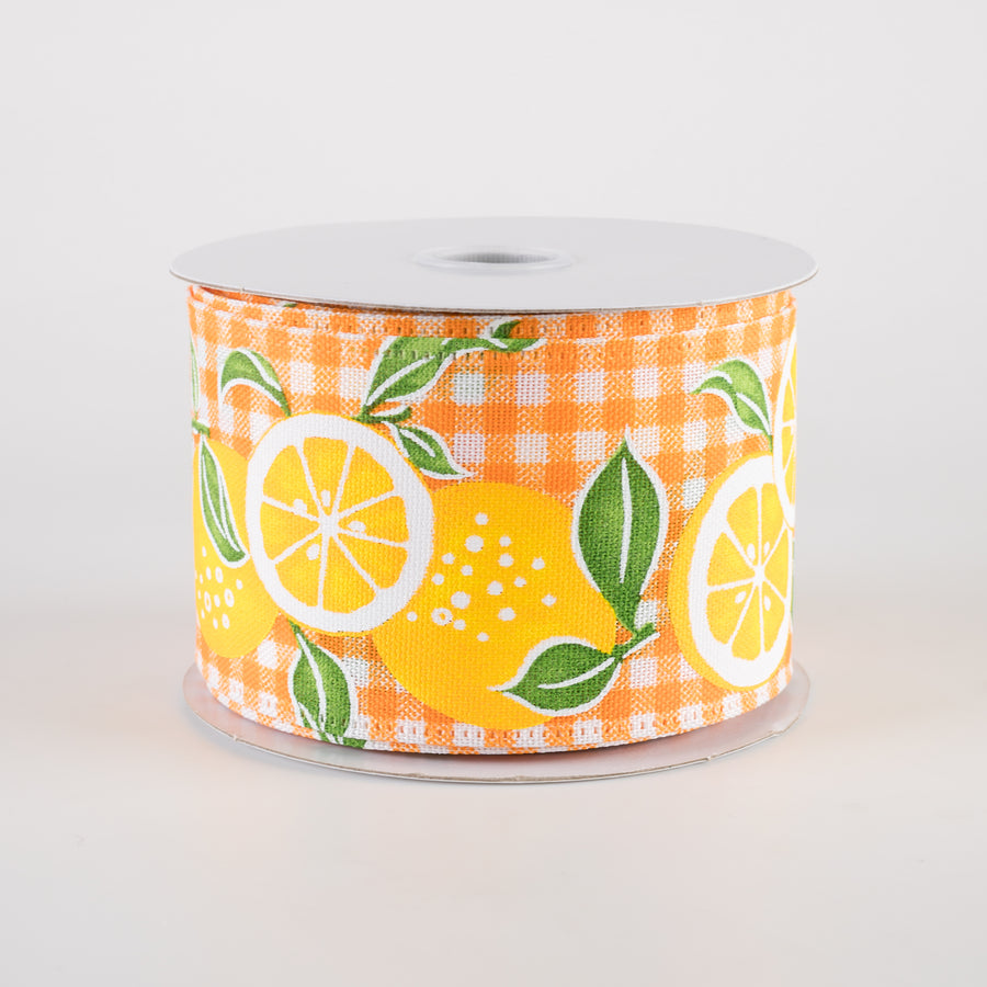 2.5" Linen Lemons Gingham Ribbon: Orange & White (10 Yards)