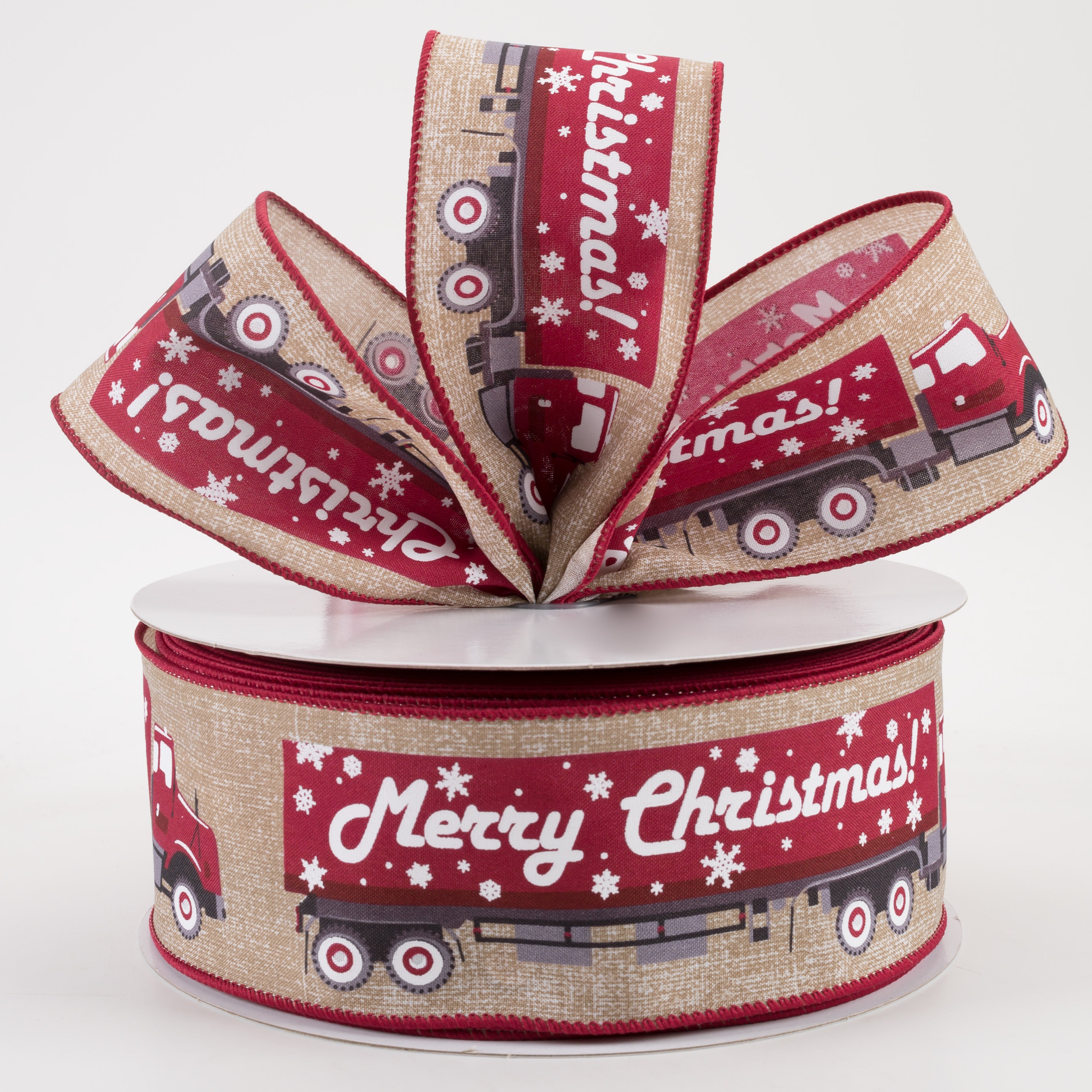 2.5" Linen Merry Christmas Cargo Ribbon: Natural (50 Yards) Lifestyle Photo