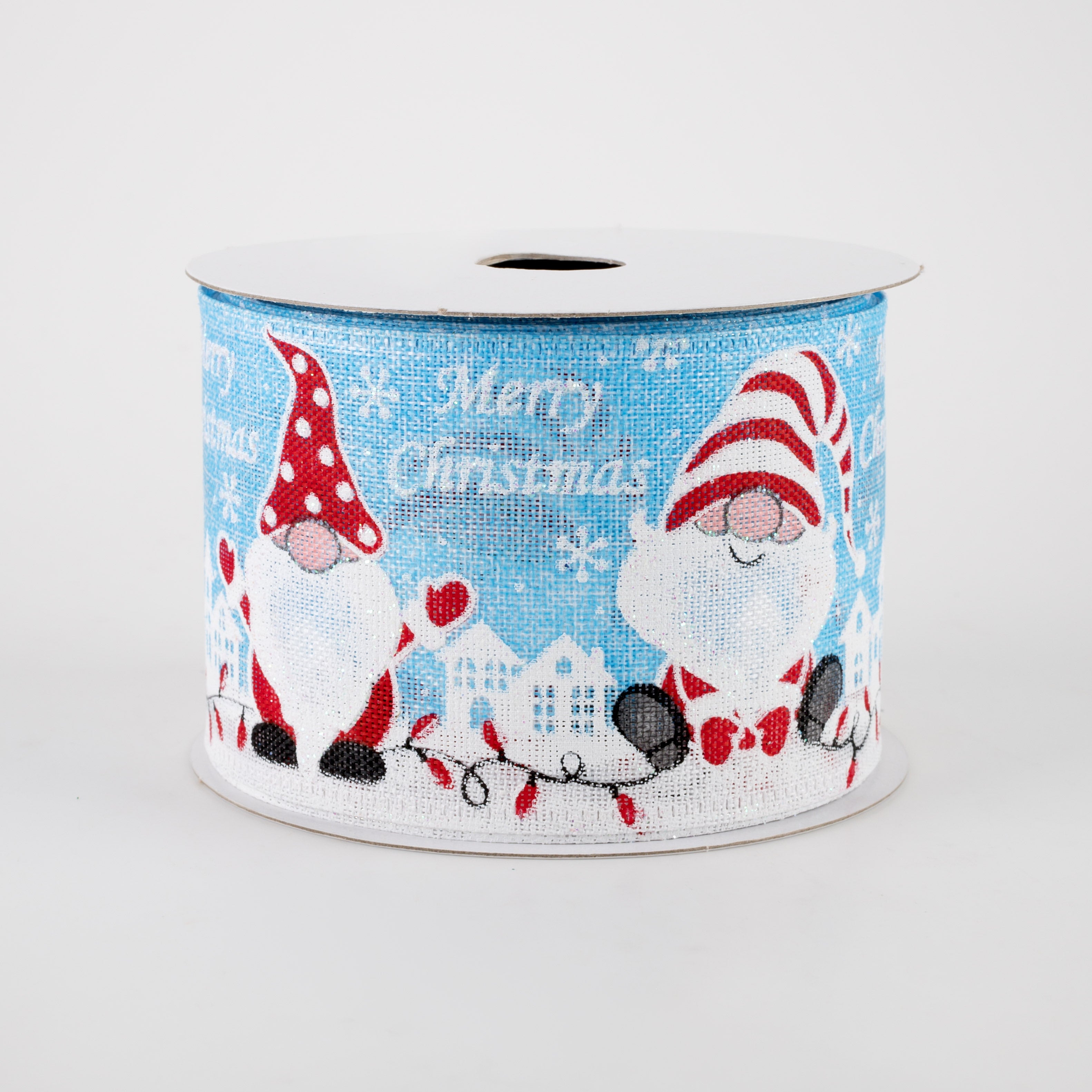 2.5" Linen Merry Christmas Gnomes Ribbon: Light Blue (10 Yards) Item Number: 75114-40-04