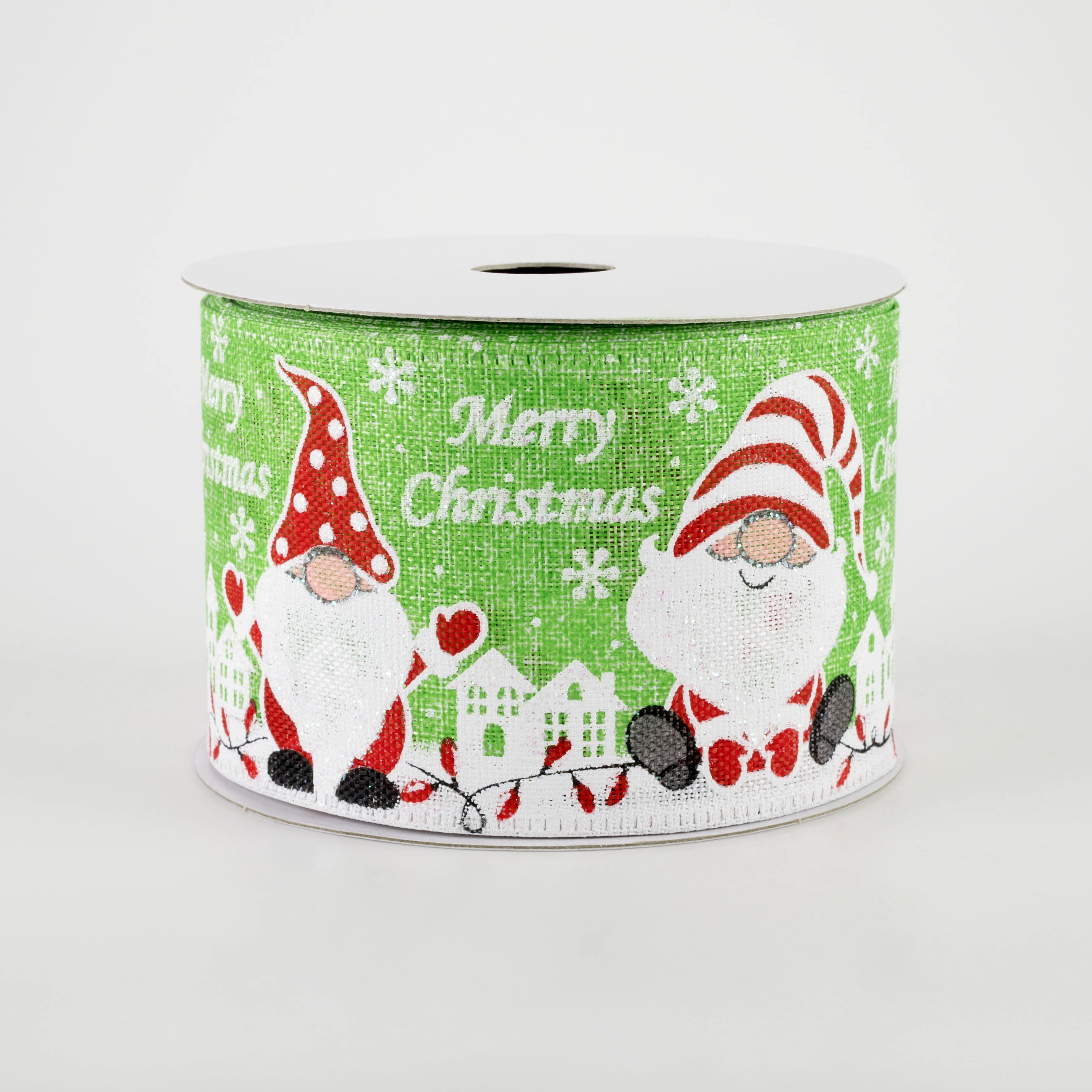 2.5" Linen Merry Christmas Gnomes Ribbon: Lime  (10 Yards) Item Number: 75114-40-29