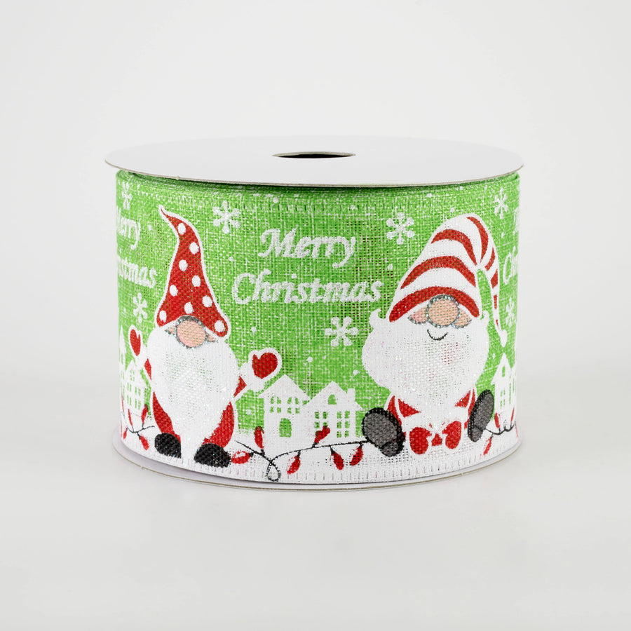 2.5" Linen Merry Christmas Gnomes Ribbon: Lime  (10 Yards) Item Number: 75114-40-29