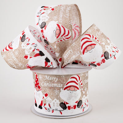 2.5" Linen Merry Christmas Gnomes Ribbon: Natural (10 Yards) Lifestyle Photo