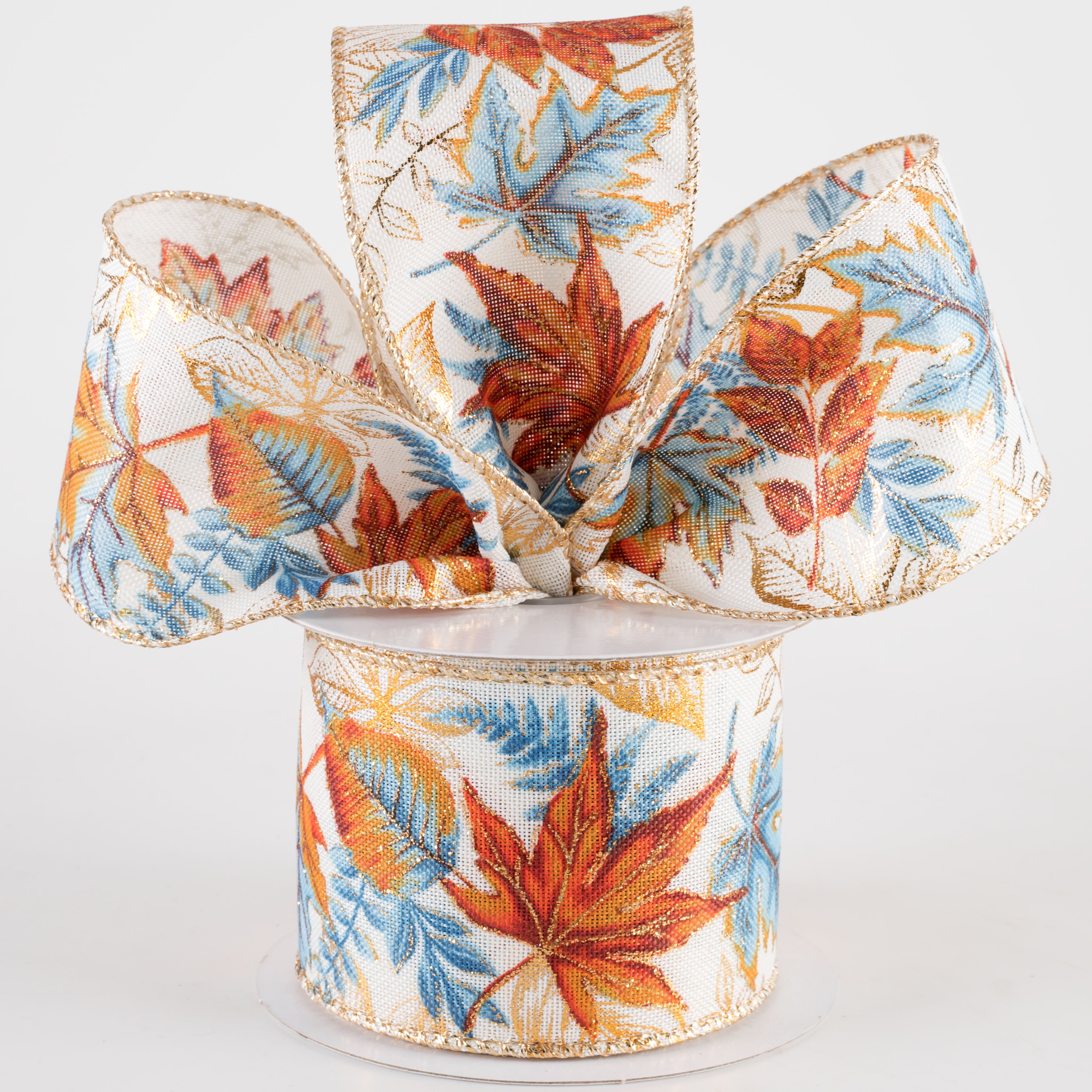 2.5" Linen Metallic Fall Leaves & Ferns Ribbon: Smoke Blue & Orange (10 Yards) Lifestyle Photo