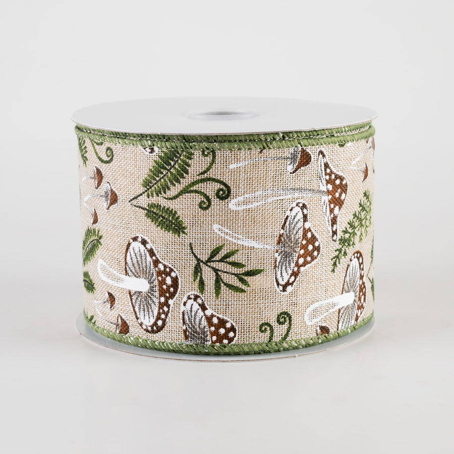 2.5" Linen Mushrooms & Ferns Ribbon (10 Yards)