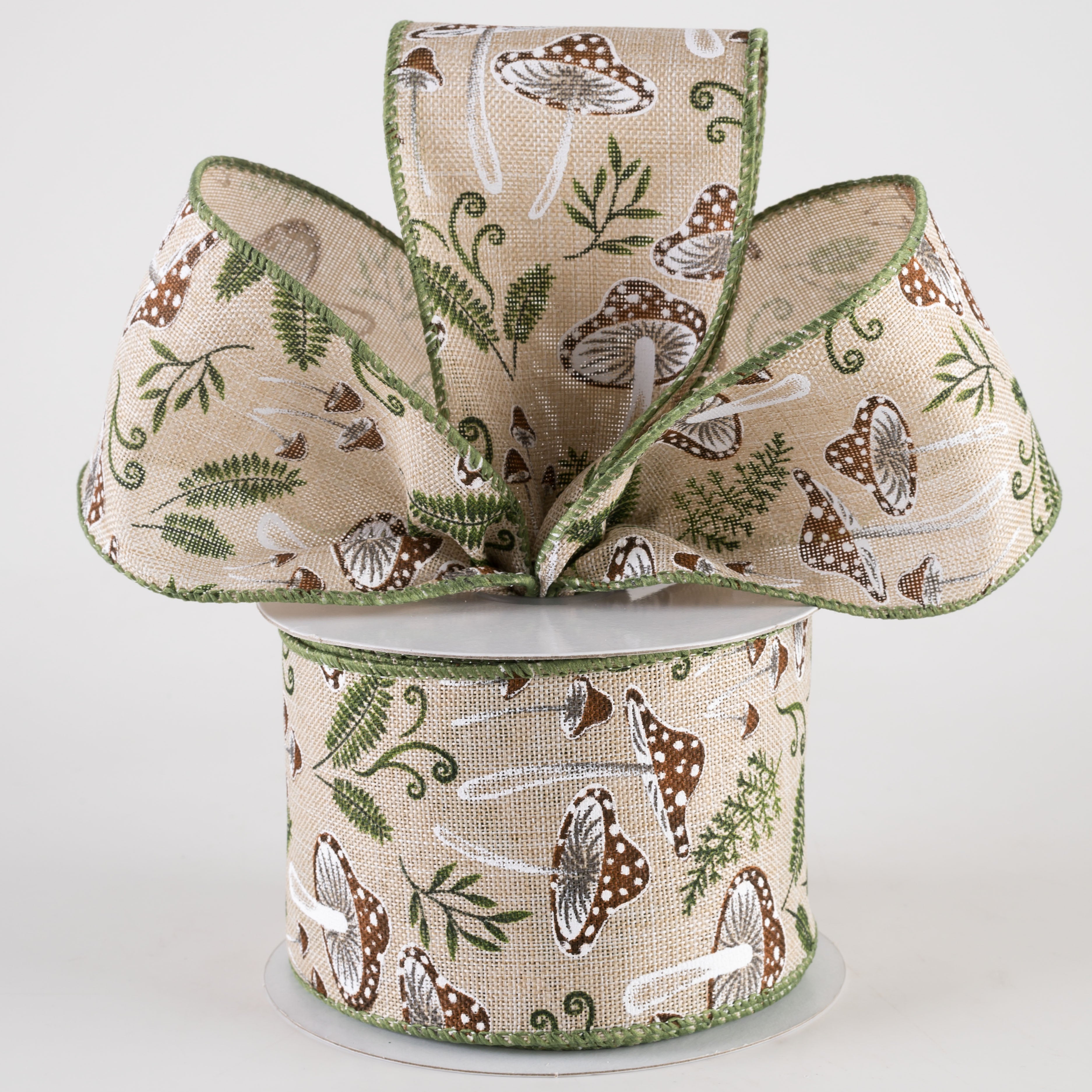 2.5" Linen Mushrooms & Ferns Ribbon (10 Yards) Lifestyle Photo