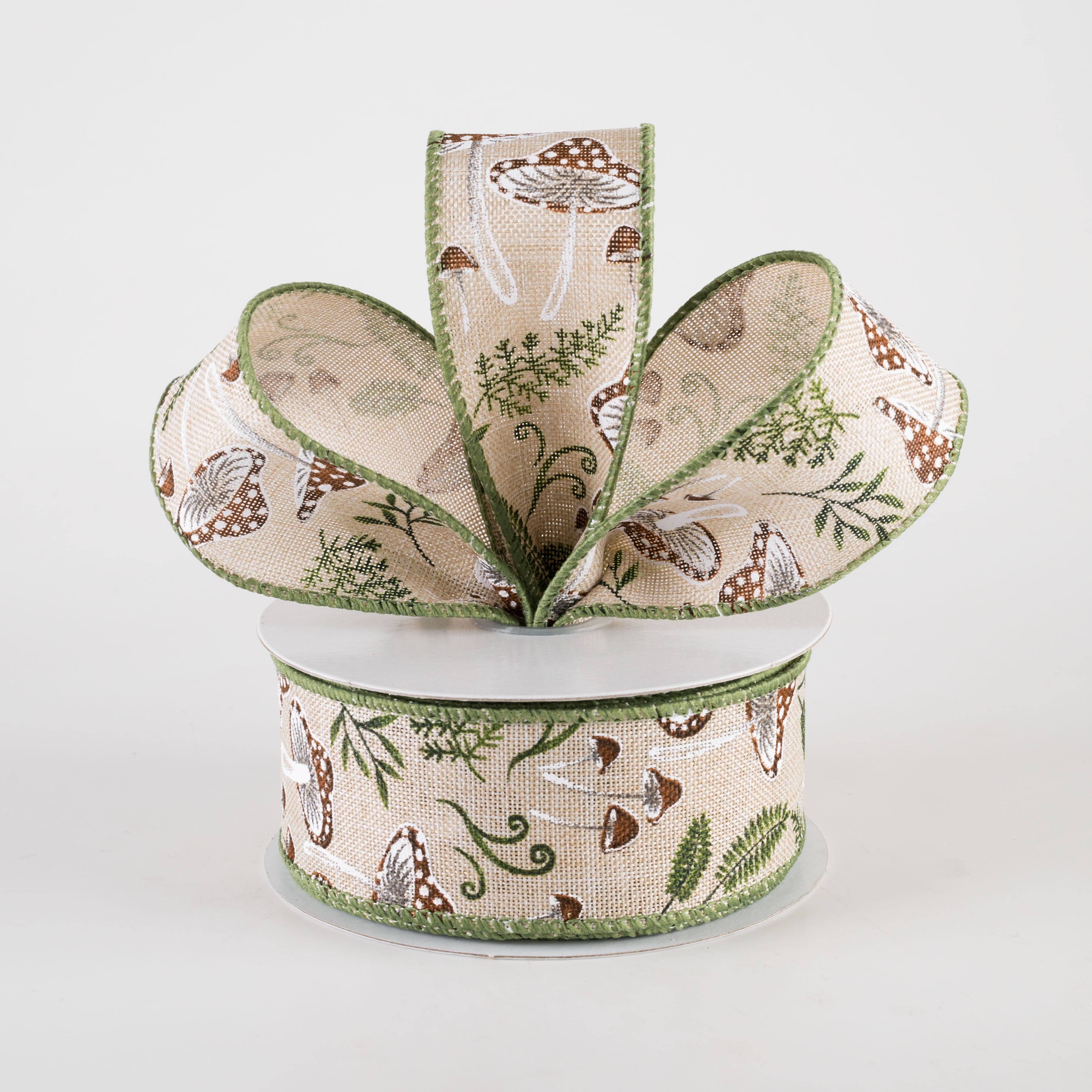 1.5" Linen Mushrooms & Ferns Ribbon (10 Yards) Lifestyle Photo