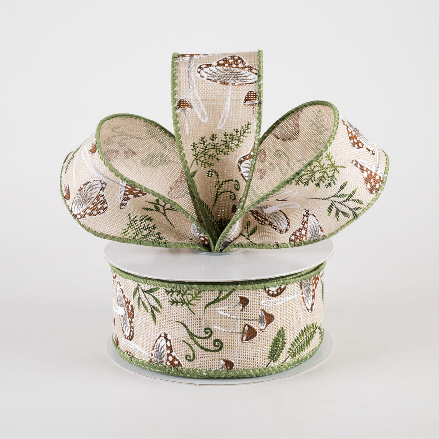 1.5" Linen Mushrooms & Ferns Ribbon (10 Yards) Lifestyle Photo