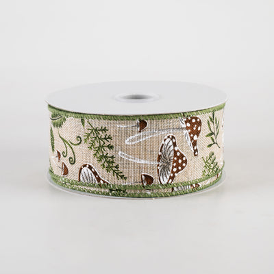 1.5" Linen Mushrooms & Ferns Ribbon (10 Yards)