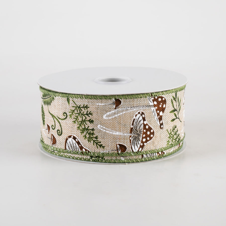 1.5" Linen Mushrooms & Ferns Ribbon (10 Yards)