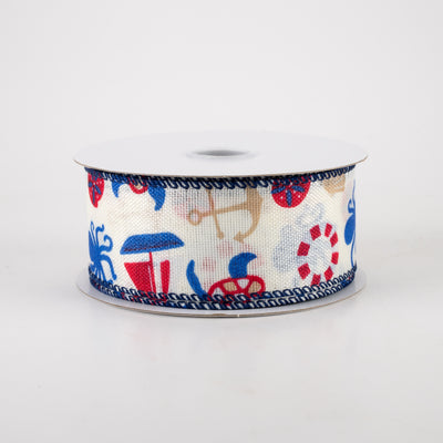 1.5" Linen Nautical Ribbon: Blue & Red (10 Yards)