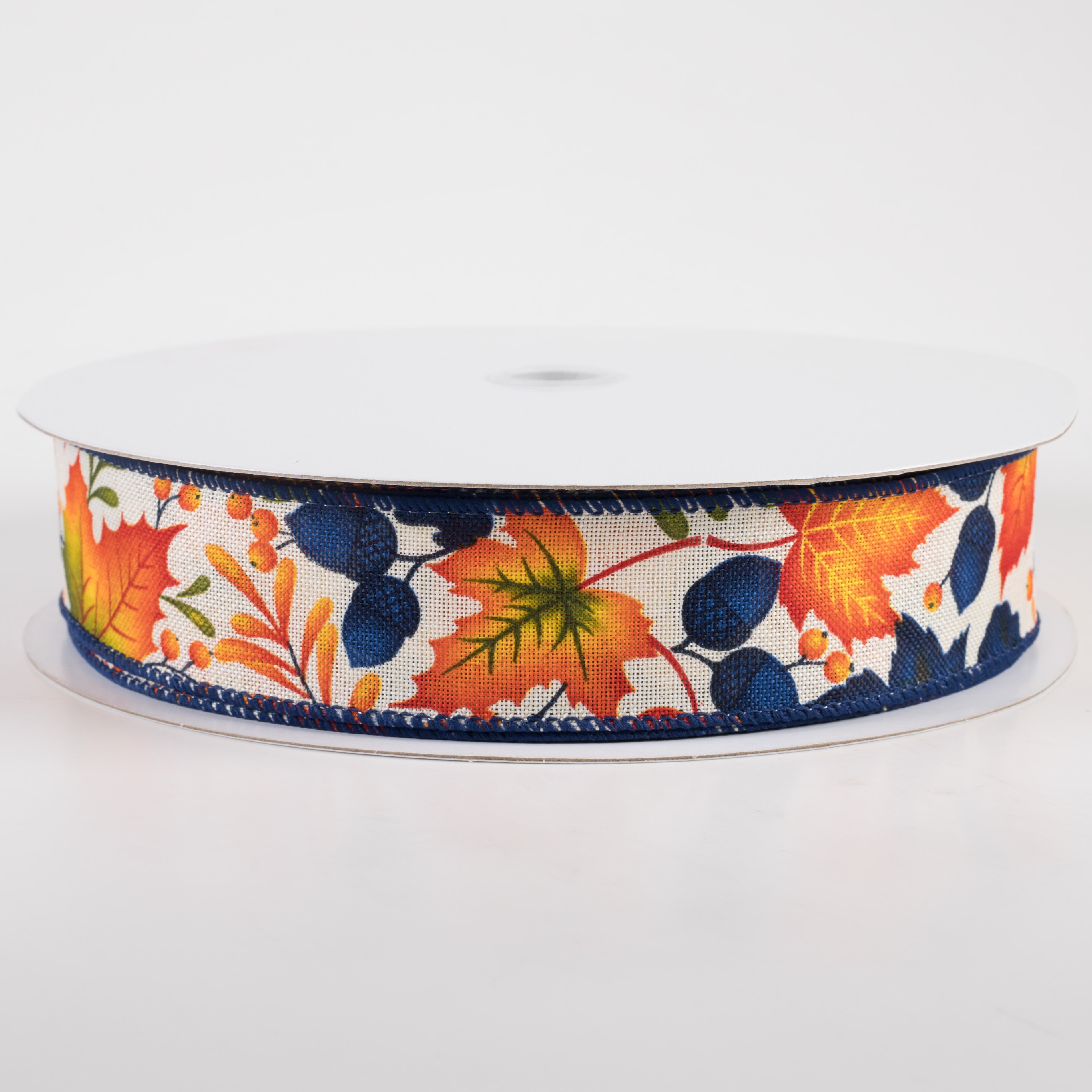1.5" Linen Navy Fall Leaves Ribbon: Ivory (50 Yards)