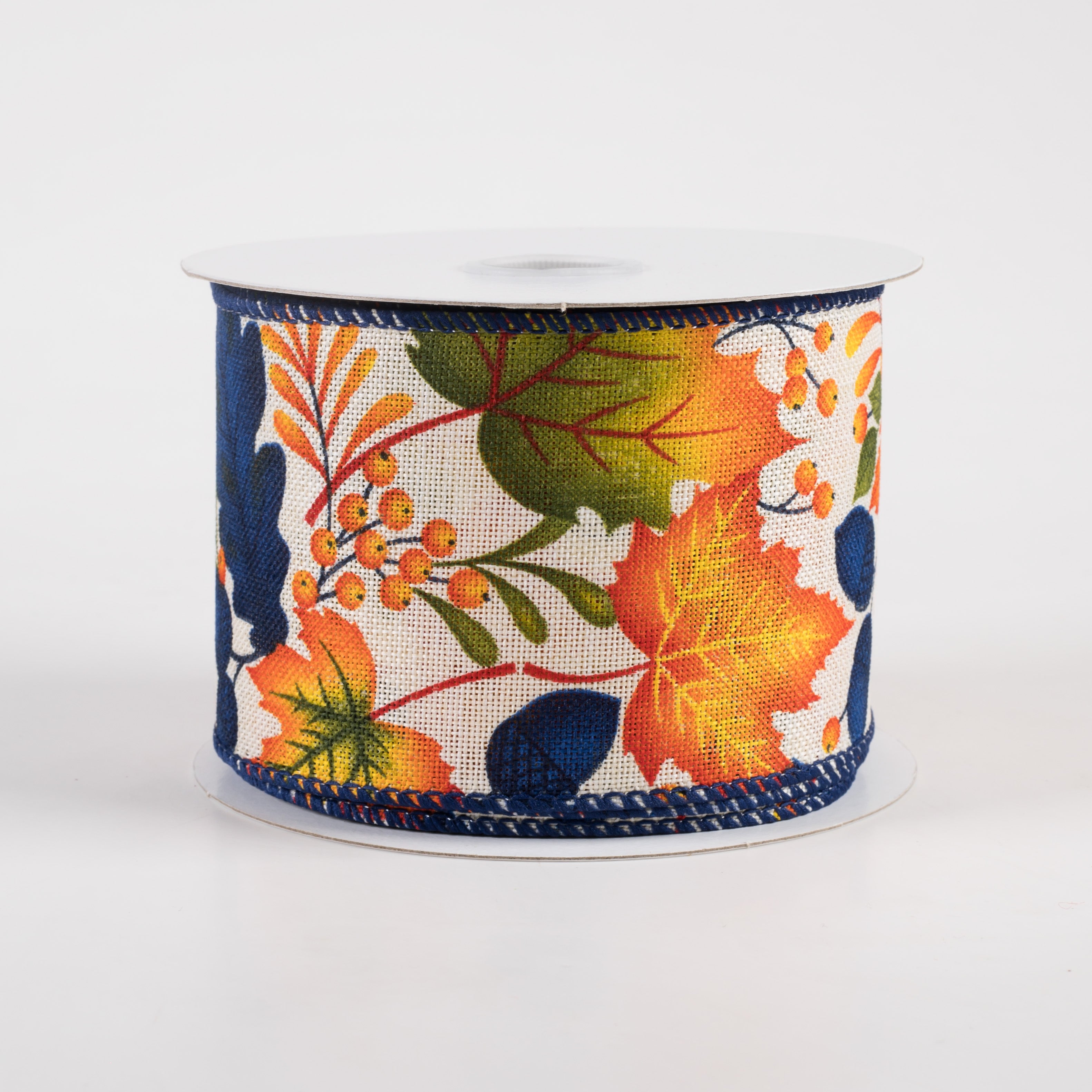 2.5" Linen Navy Fall Leaves Ribbon: Ivory (10 Yards)
