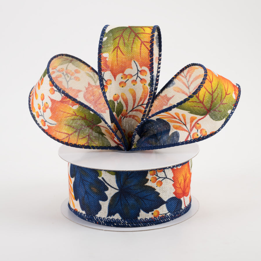 1.5" Linen Navy Fall Leaves Ribbon: Ivory (10 Yards) Lifestyle Photo