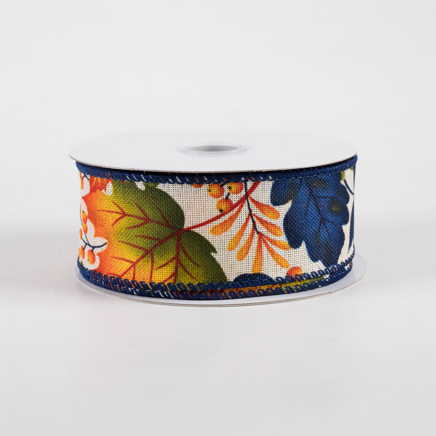 1.5" Linen Navy Fall Leaves Ribbon: Ivory (10 Yards)