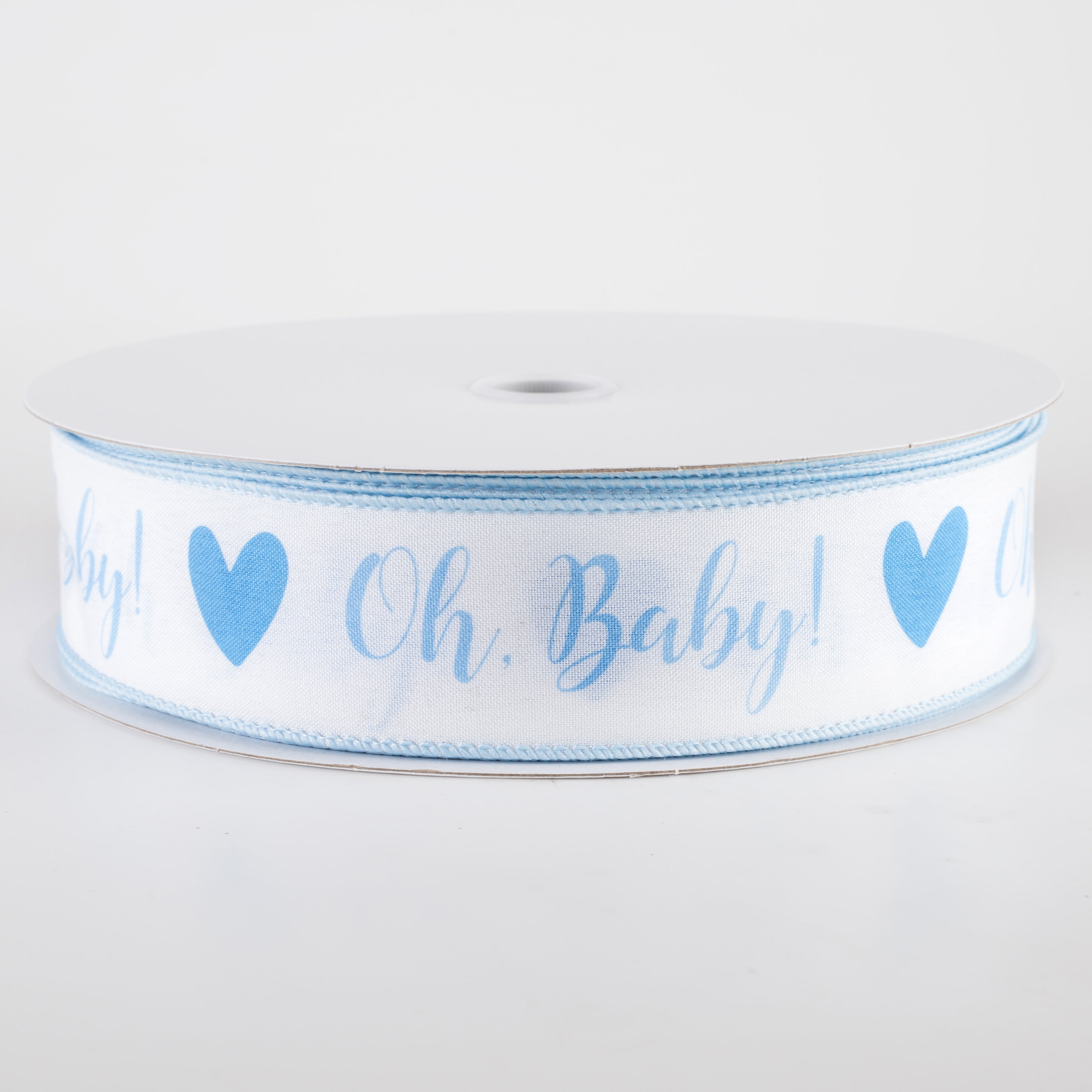 1.5" Linen Oh, Baby! Heart Ribbon: White & Light Blue (50 Yards)