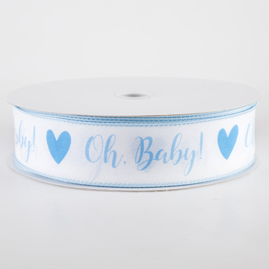 1.5" Linen Oh, Baby! Heart Ribbon: White & Light Blue (50 Yards)