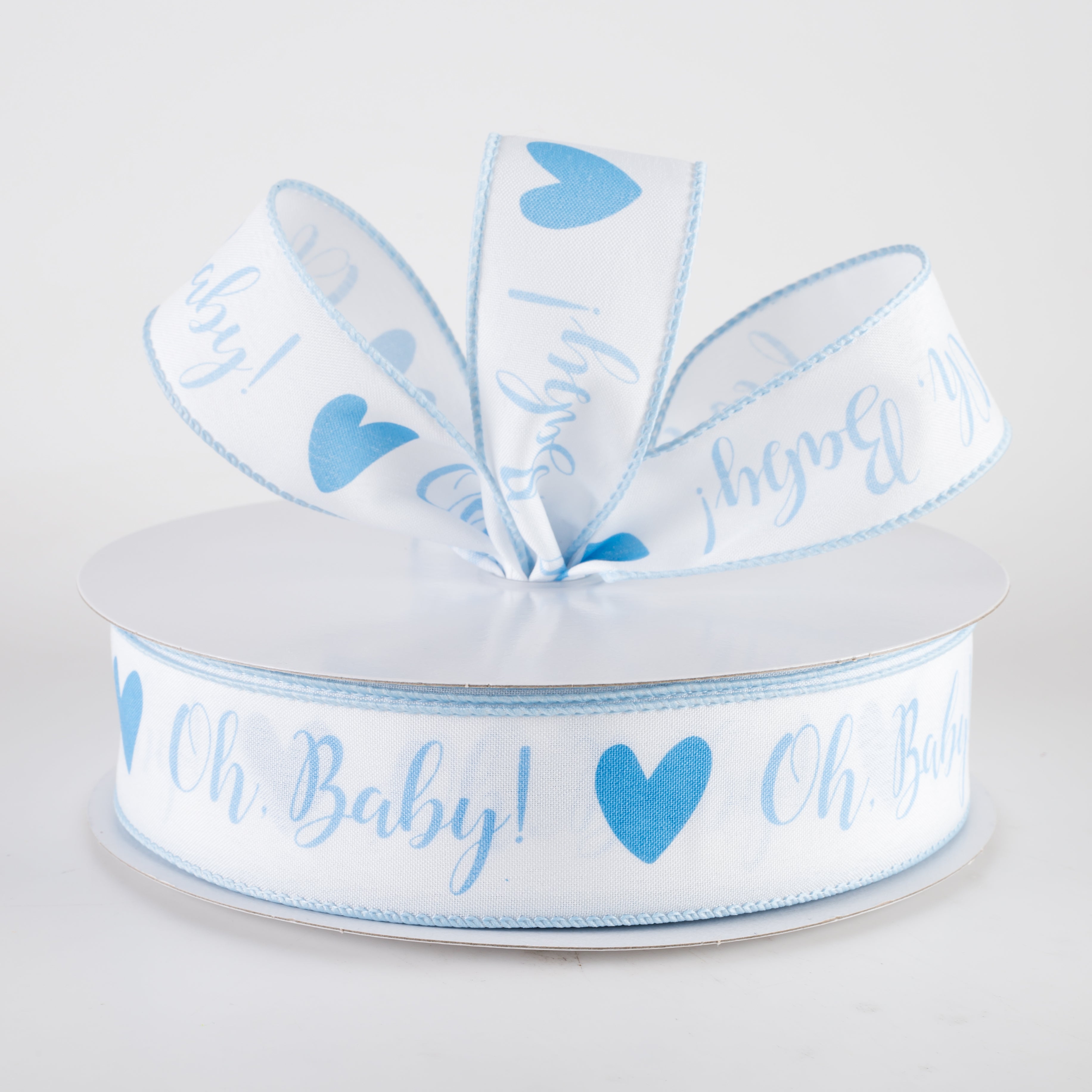 1.5" Linen Oh, Baby! Heart Ribbon: White & Light Blue (50 Yards) Lifestyle Photo