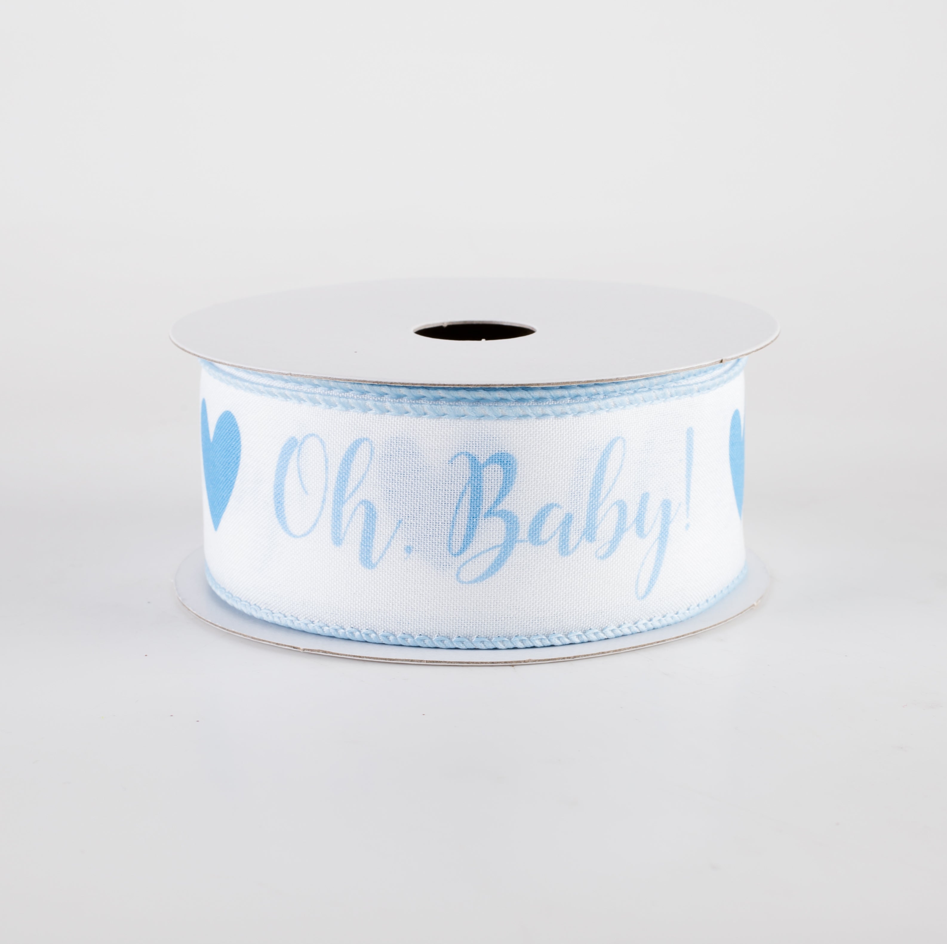 1.5" Linen Oh, Baby! Heart Ribbon: White & Light Blue (10 Yards)