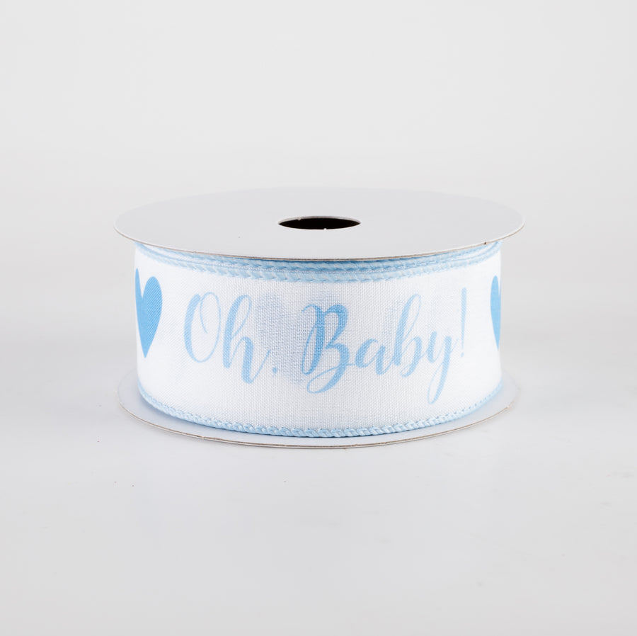 1.5" Linen Oh, Baby! Heart Ribbon: White & Light Blue (10 Yards)