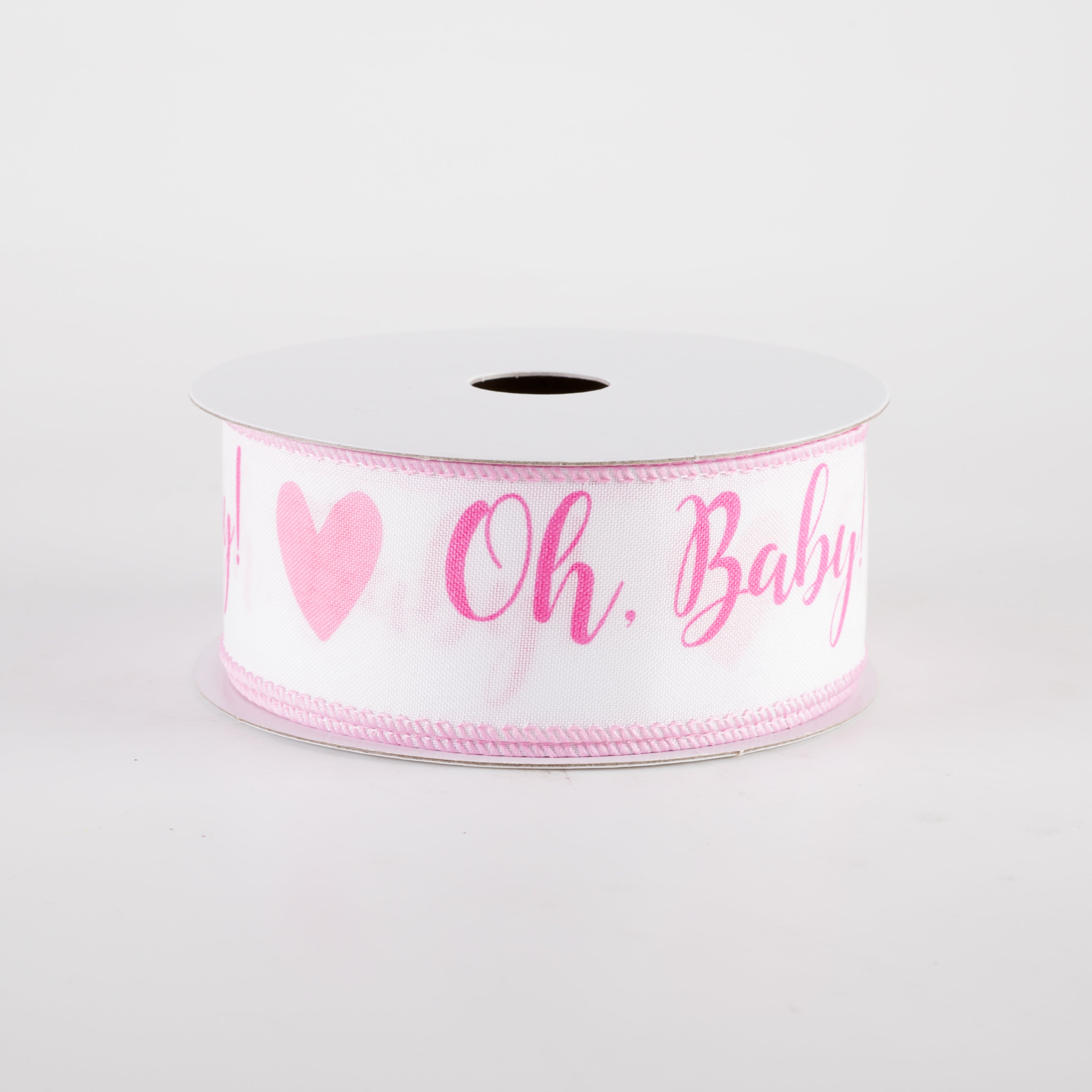 1.5" Linen Oh, Baby! Heart Ribbon: White & Pink (10 Yards)