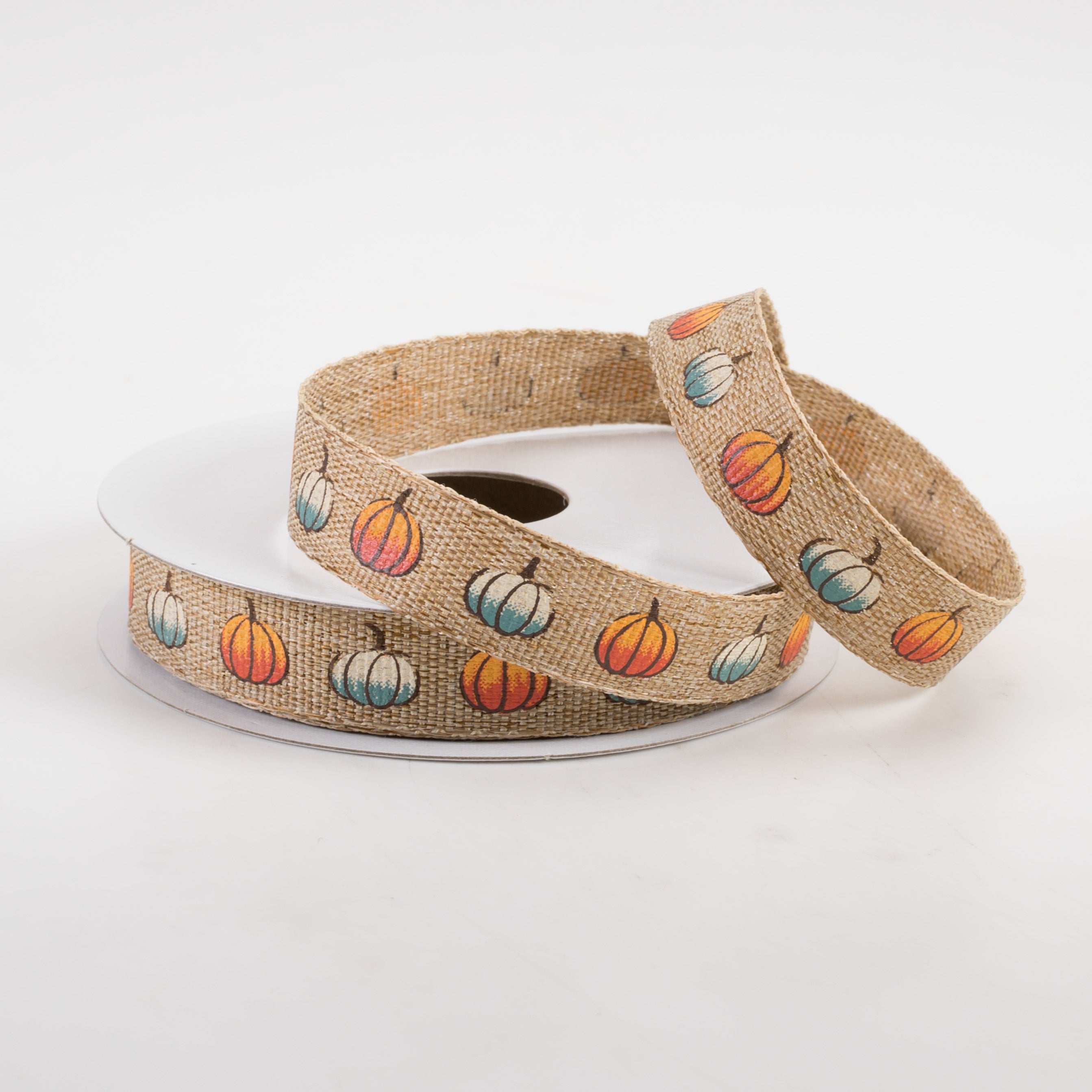 5/8" Linen Orange, Blue & White Pumpkin Ribbon: Natural (10 Yards) Lifestyle Photo