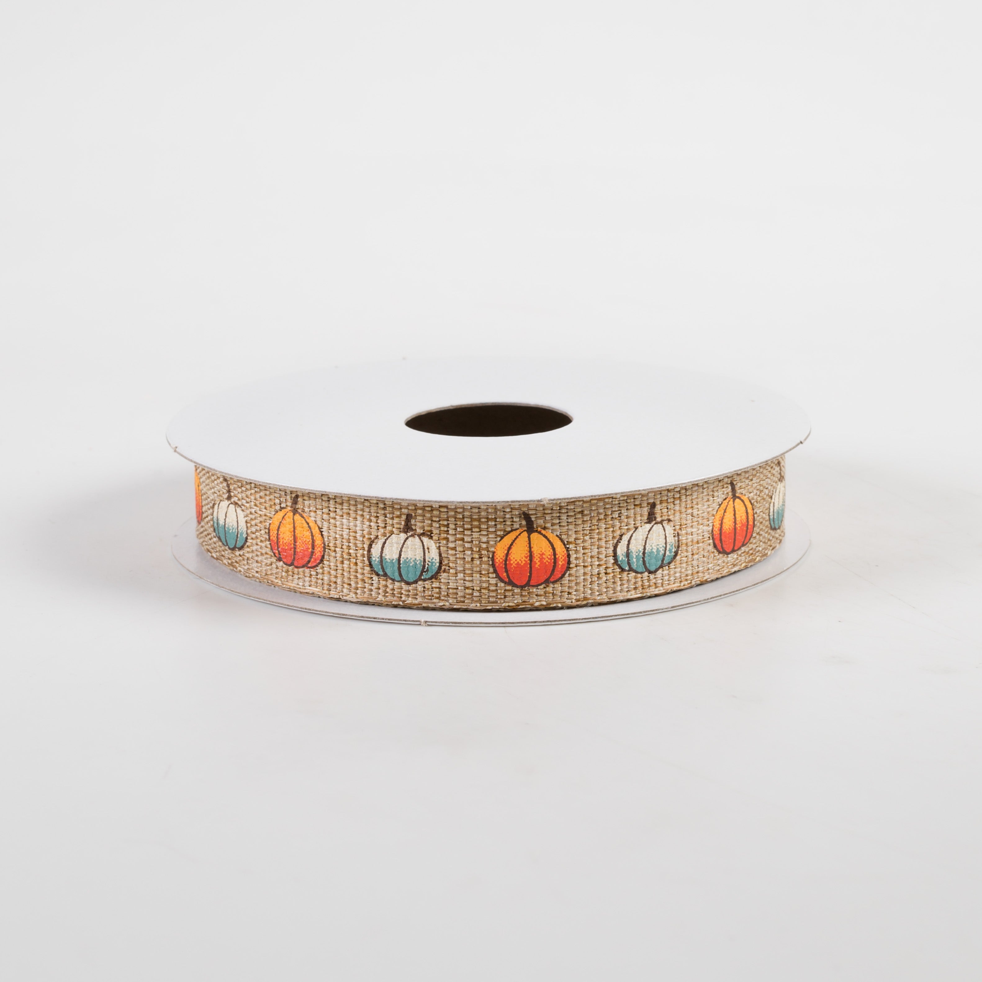 5/8" Linen Orange, Blue & White Pumpkin Ribbon: Natural (10 Yards)
