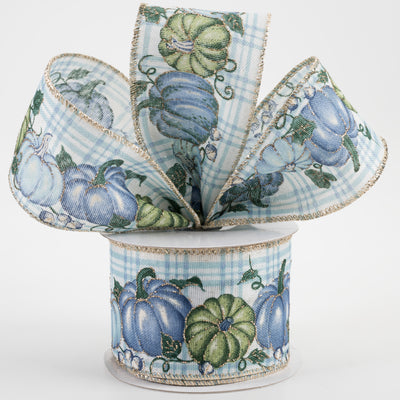 2.5" Linen Plaid Pumpkins Ribbon: Cream, Light Blue, Green (10 Yards) Lifestyle Photo