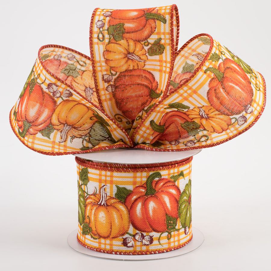 2.5" Linen Plaid Pumpkins Ribbon: Cream, Orange, Moss (10 Yards) Lifestyle Photo